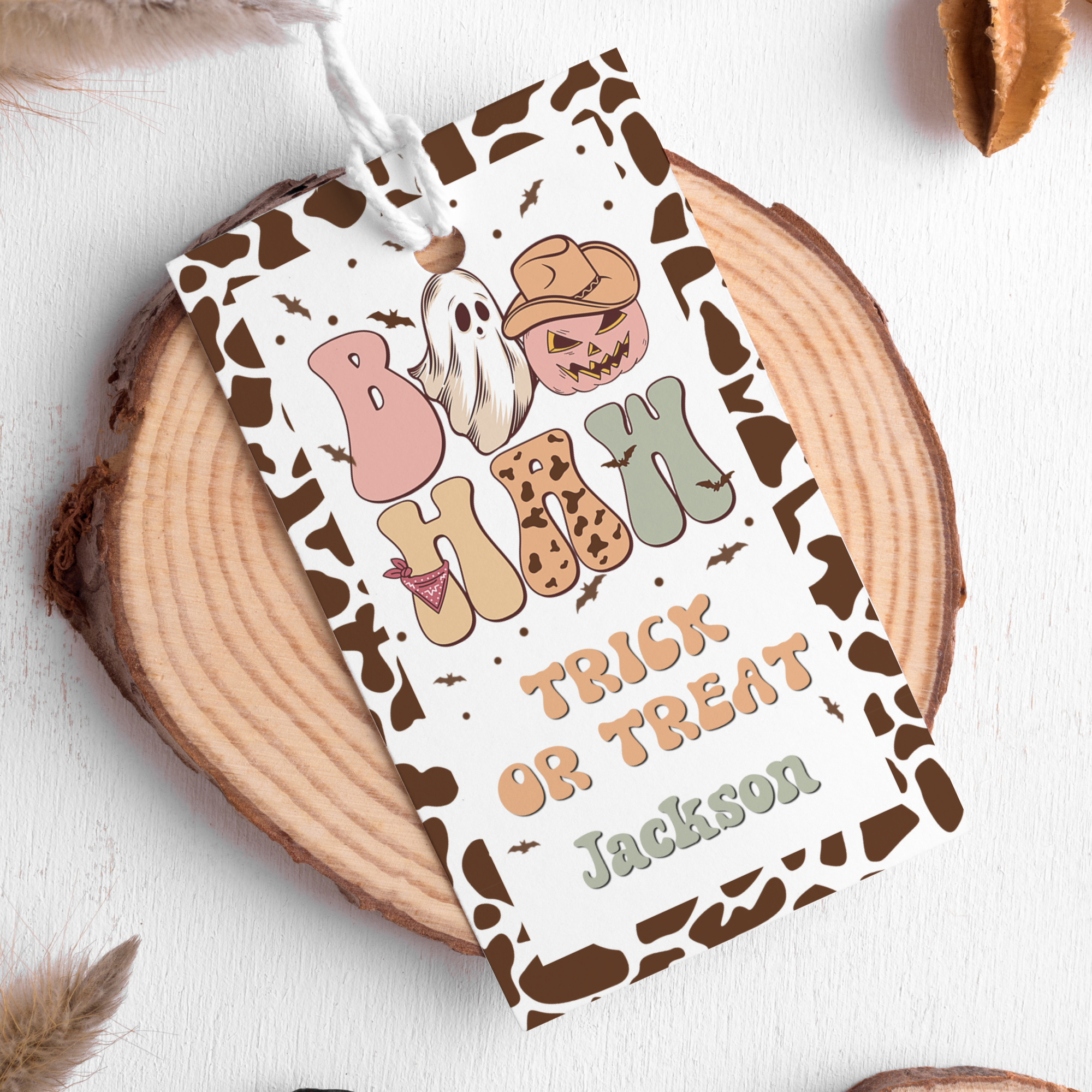 Halloween-themed tag with cartoon characters on a wooden surface