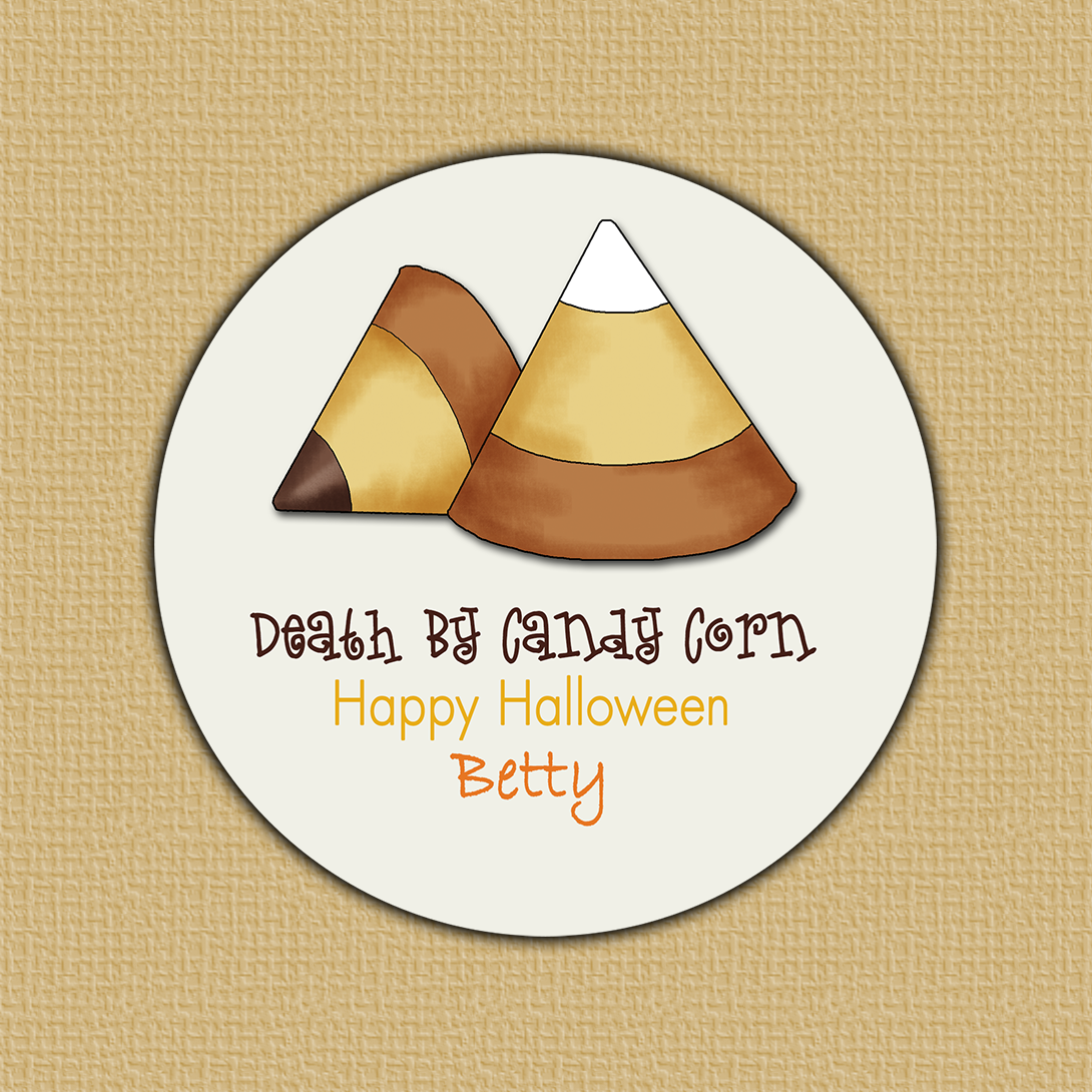 Candy Corn Sticker - white round sticker with color candy corn and whimsical tex