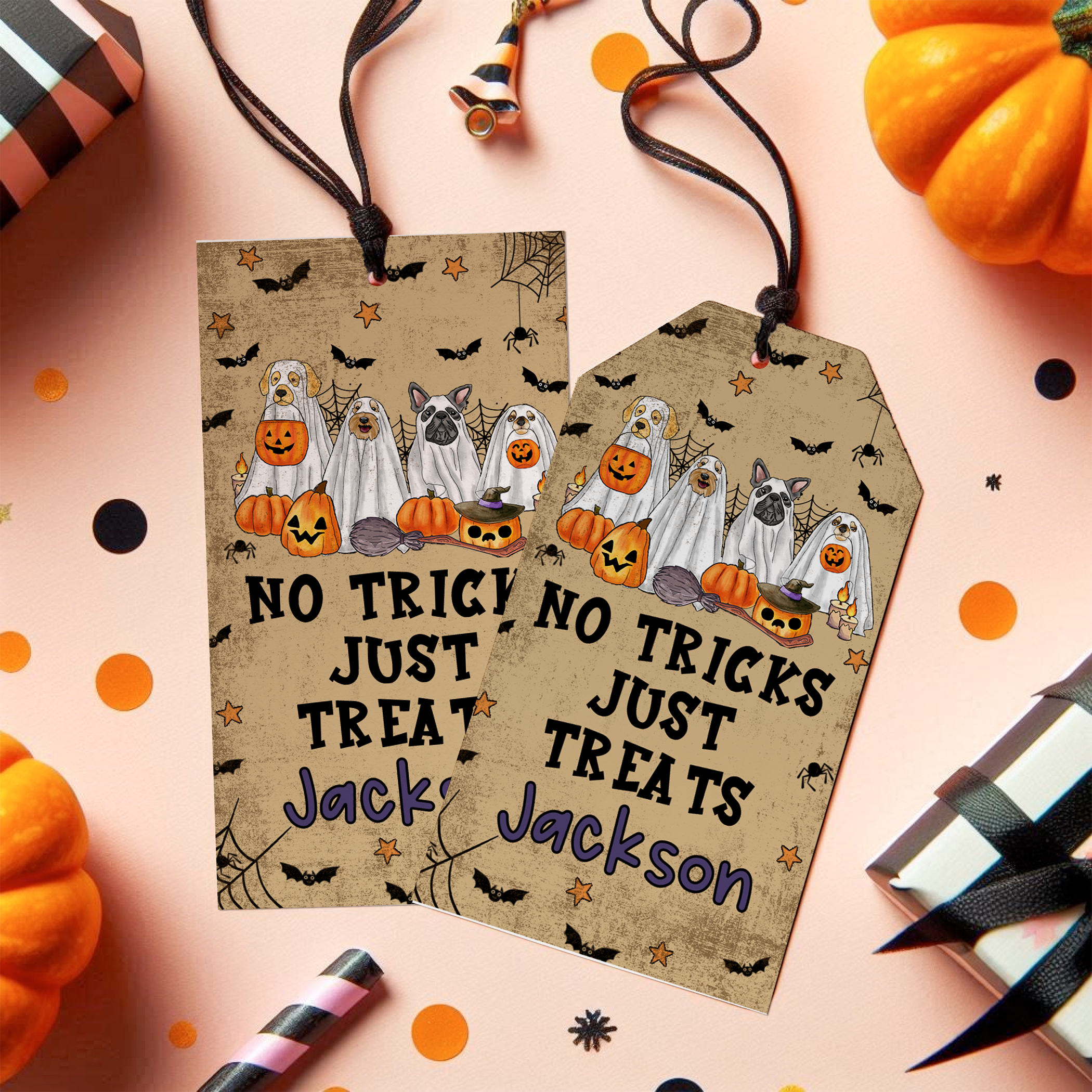 Halloween-themed gift tags with ghosts and pumpkins on a pink background.