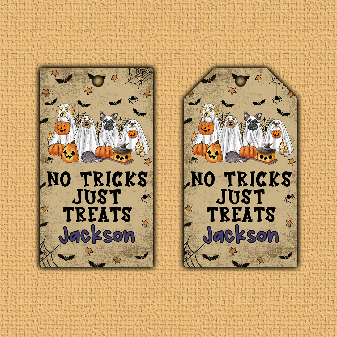 Two Halloween-themed dog treat bags with ghosts, pumpkins, and text on a textured beige background.