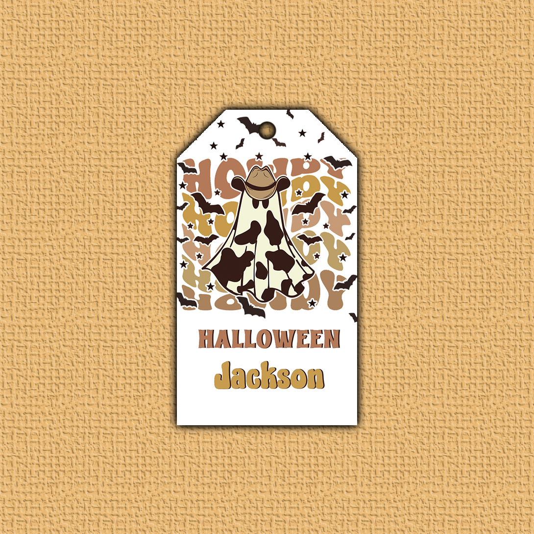 Halloween-themed decorative tag with cowboy design on a beige background
