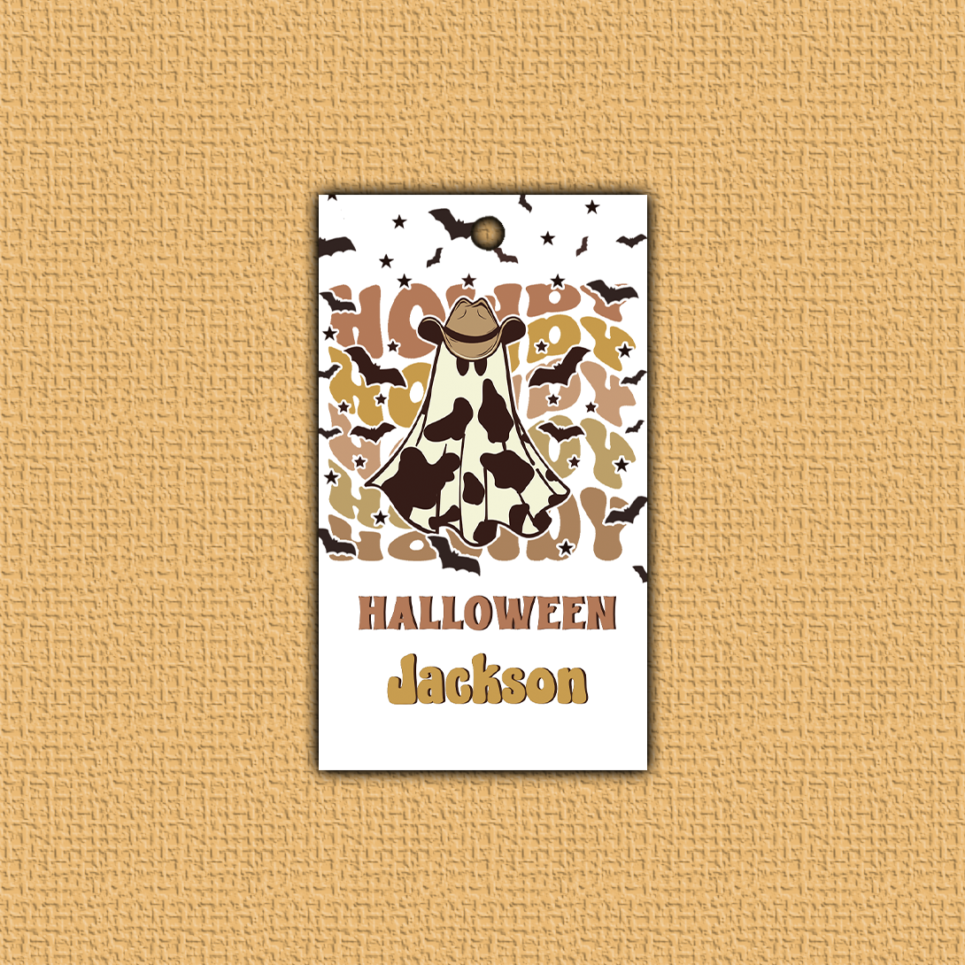 Halloween-themed decorative sign with cowboy design on a beige background