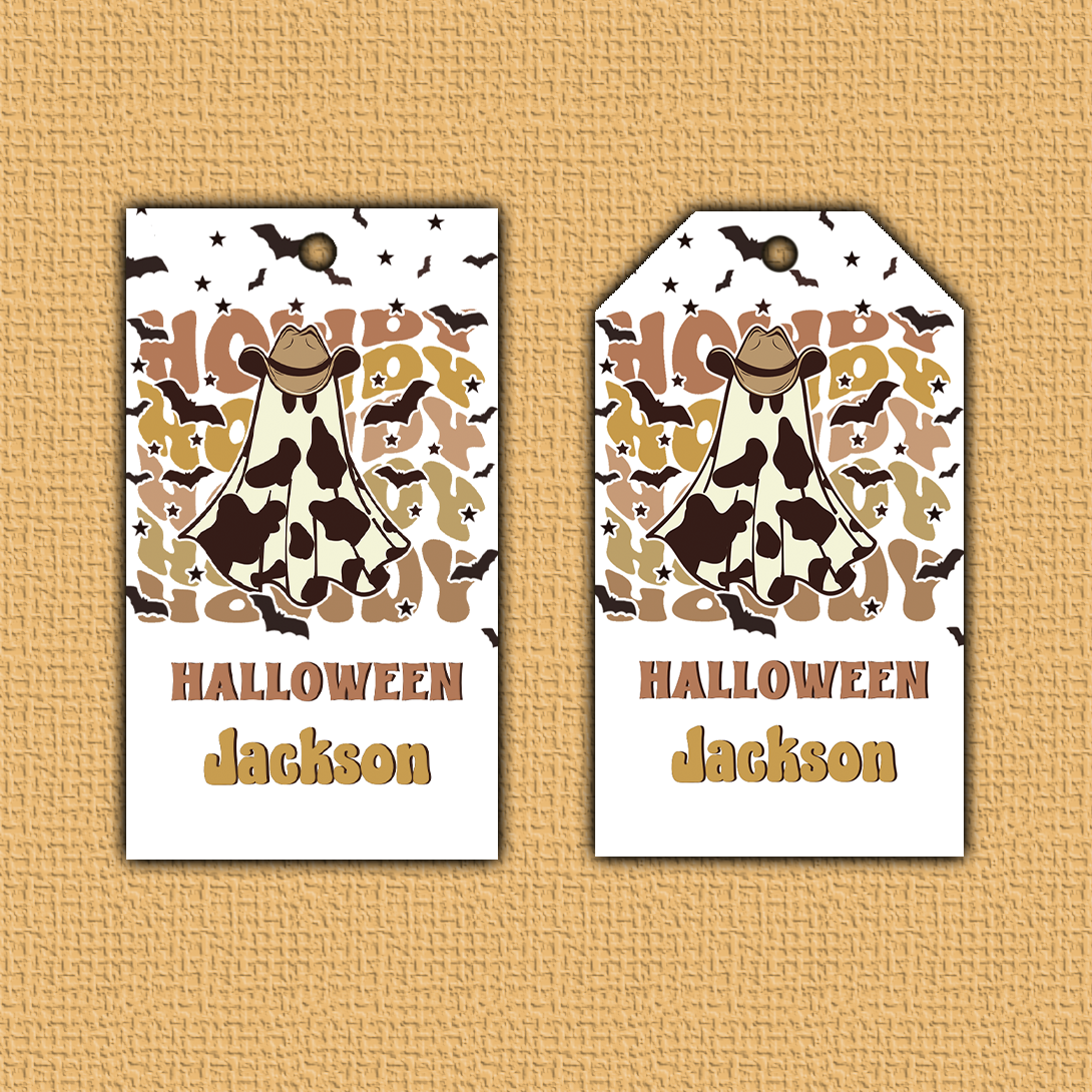 Two Halloween-themed tags with a cowgirl design on a textured beige background.