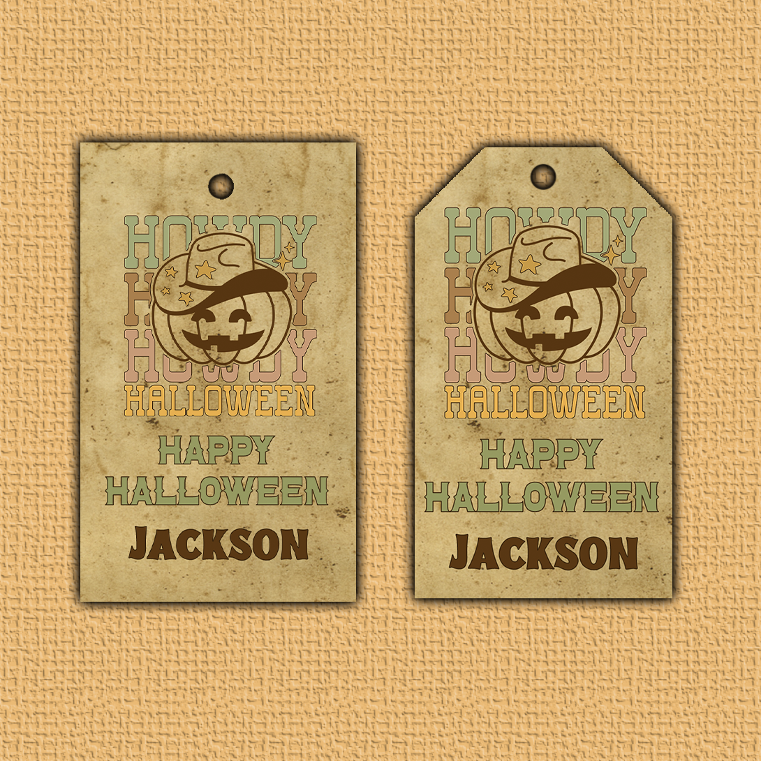 Two Halloween-themed tags with a pumpkin design and text on a textured beige background.