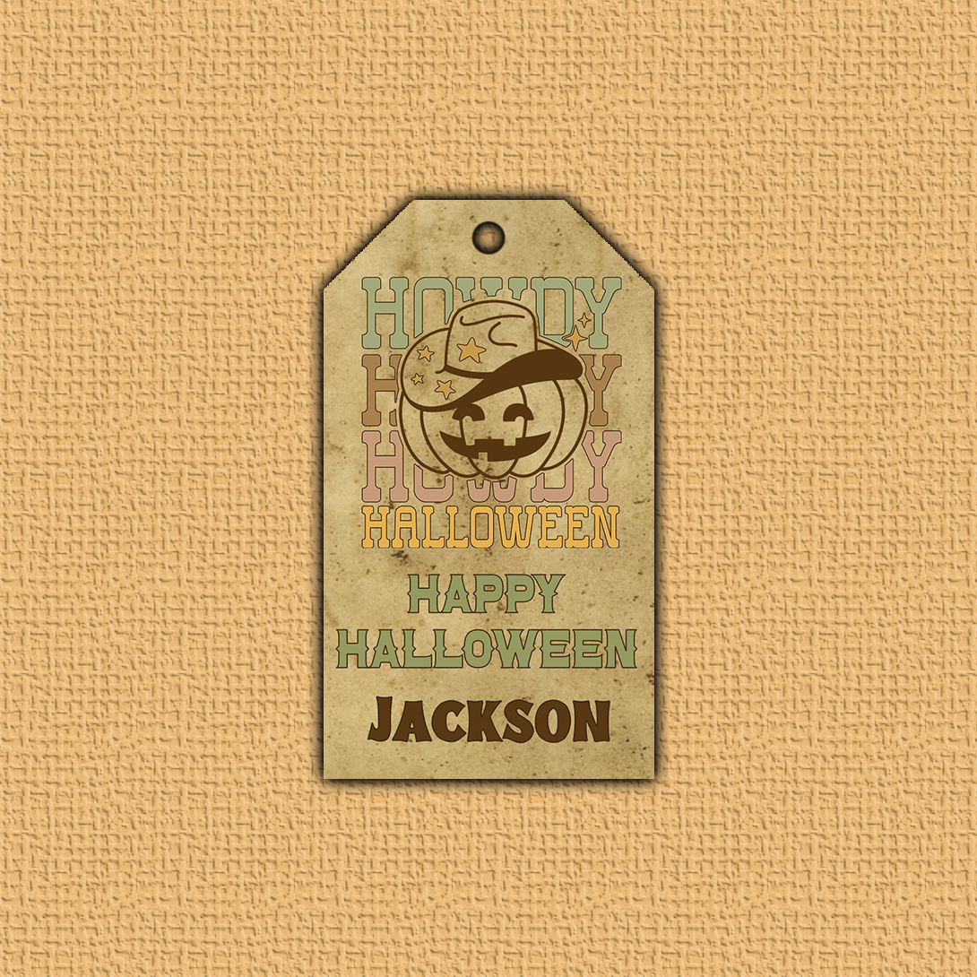 Halloween-themed tag with a pumpkin face and text on a beige background
