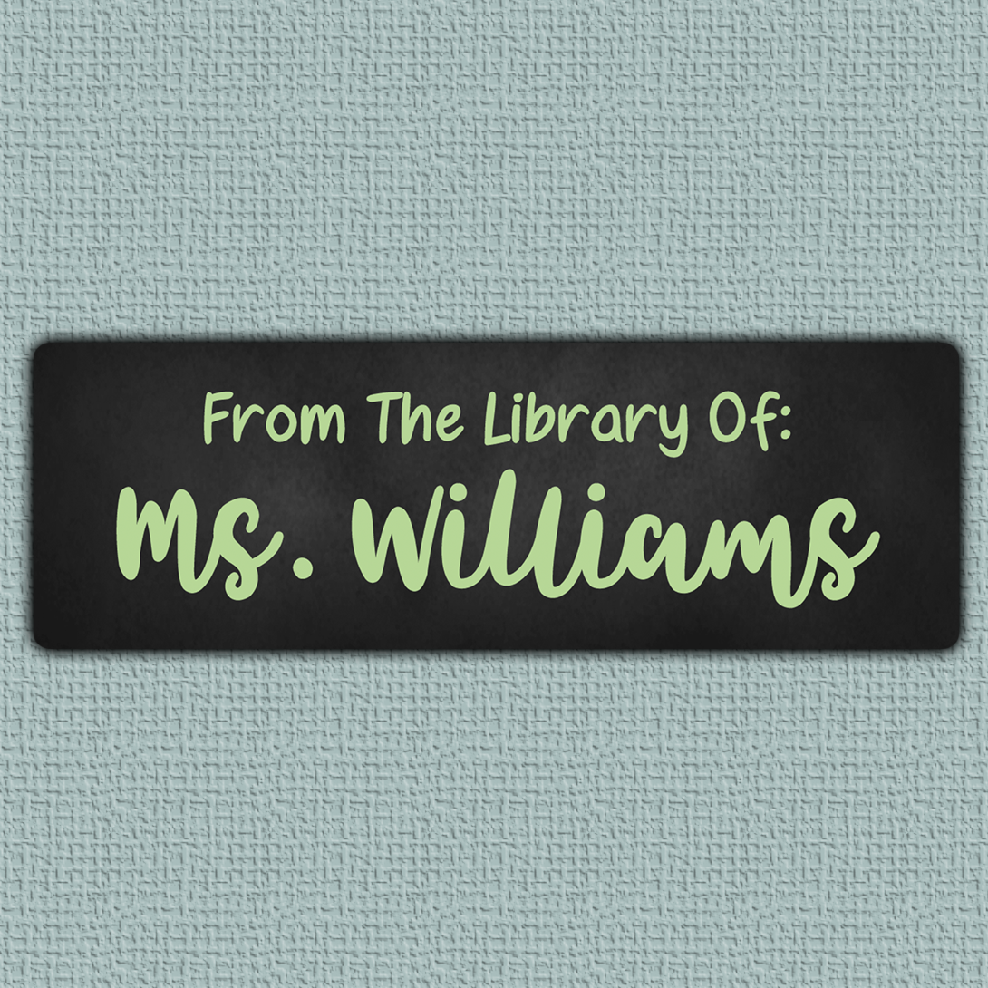 Green Chalkboard Name Stickers - Green bold script name with sans serif text above it on a blackboard background