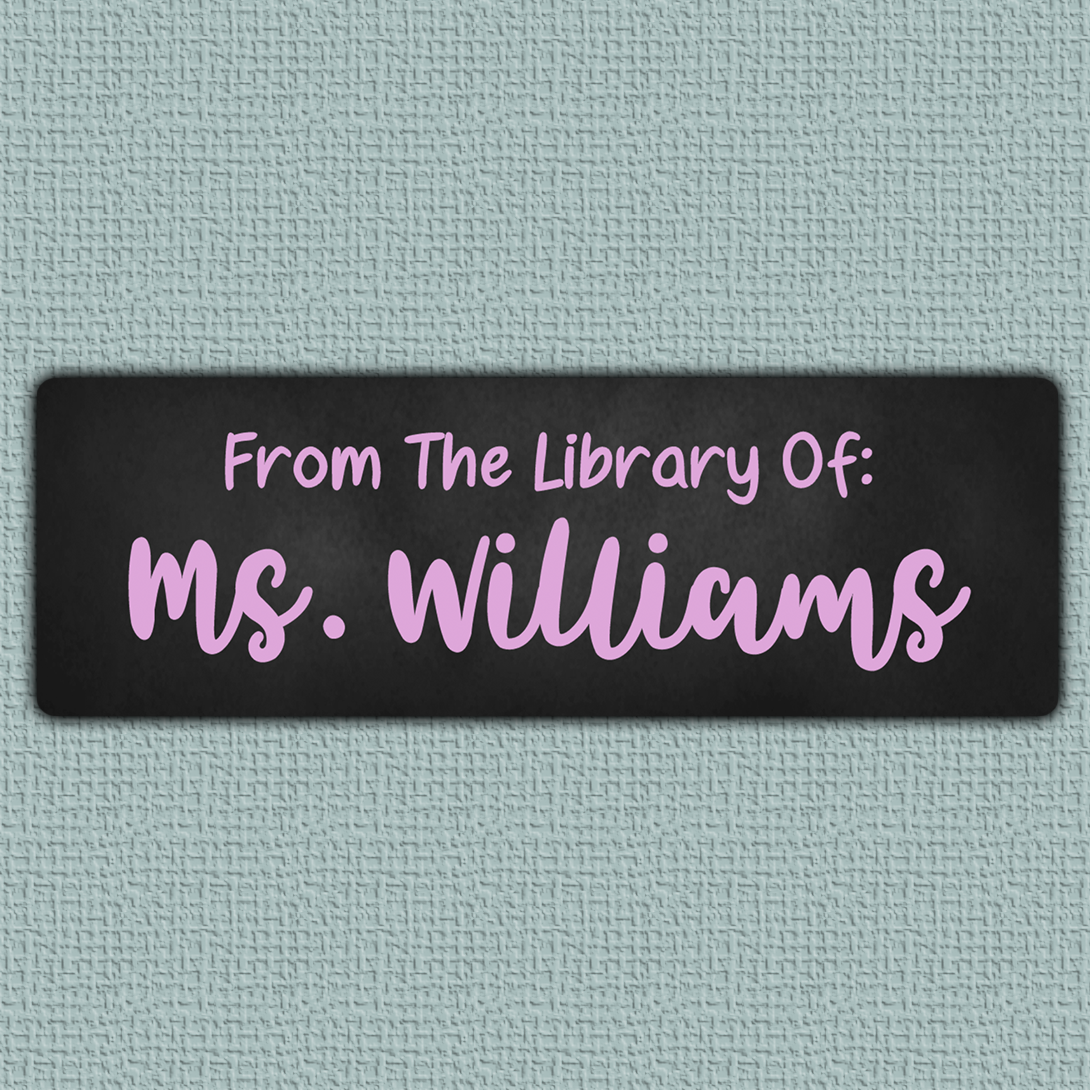 Pink Chalkboard Name Stickers - Pink bold script name with sans serif text above it on a blackboard background