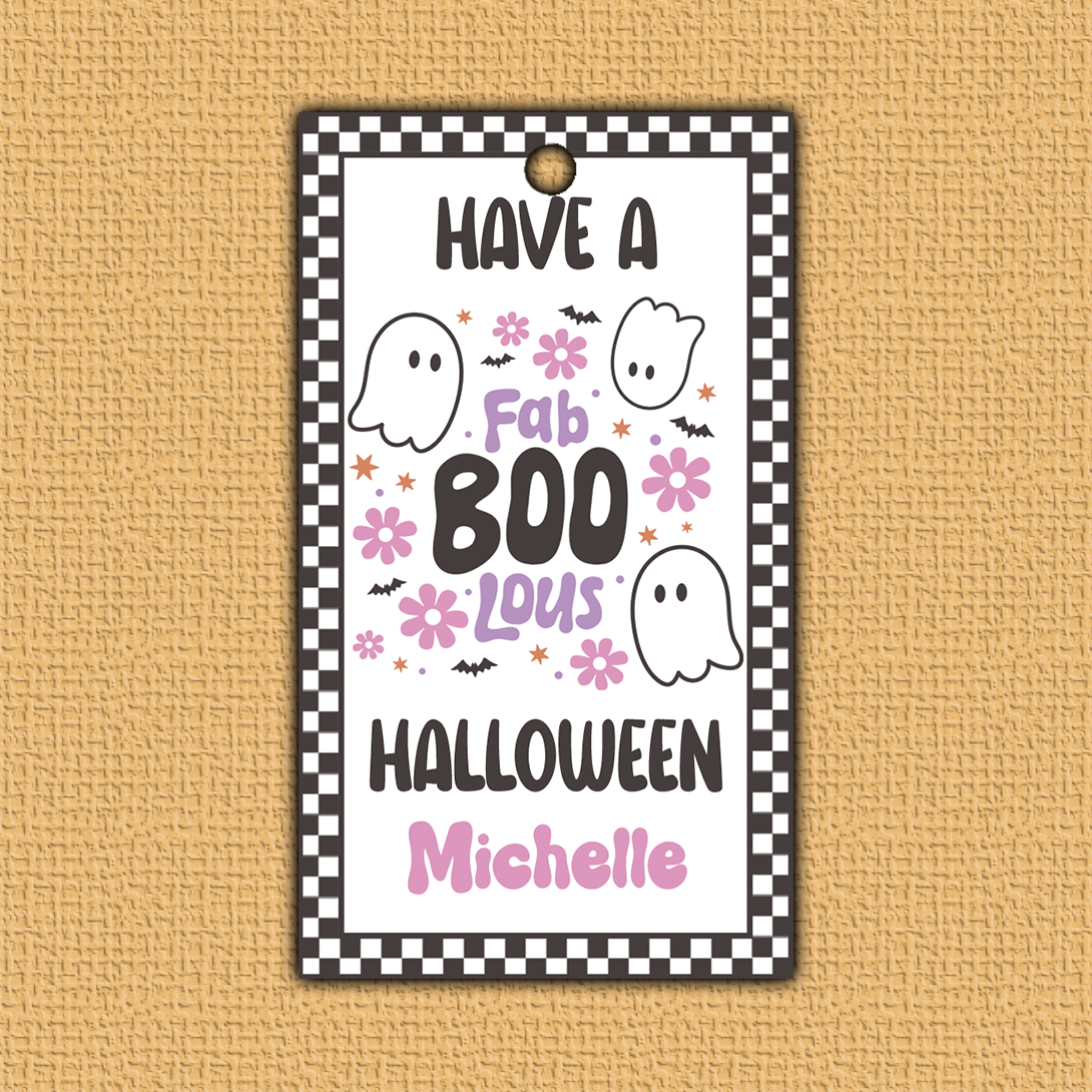 GroovyGhost Halloween Hang Tag - two tags, one with square corner and the other with angled, with the words GroovyGhost in the forground, ghost and rainbow in background