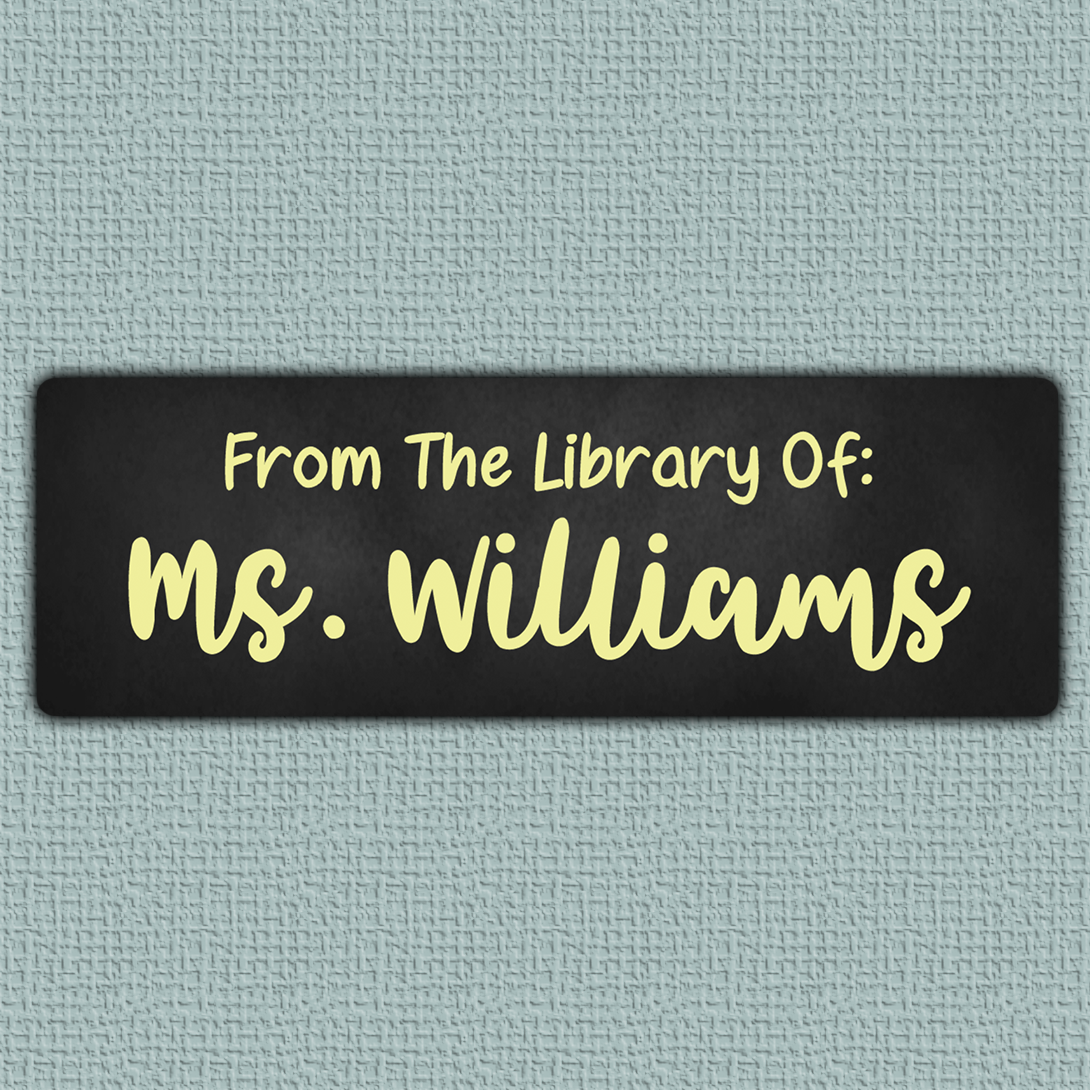 Yellow Chalkboard Name Stickers - Yellow bold script name with sans serif text above it on a blackboard background