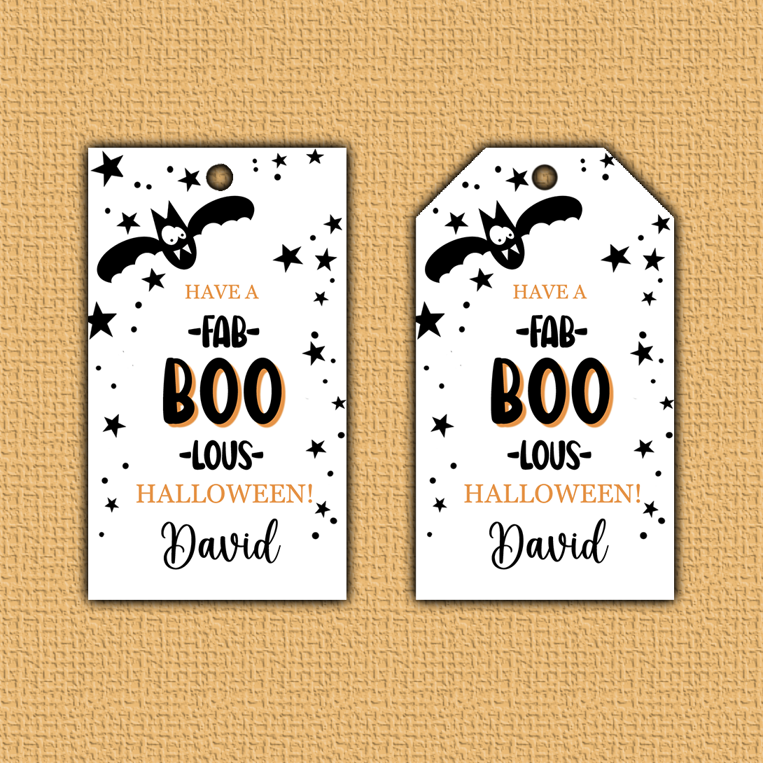 Bat Halloween Hang Tag - two tags, one with square corner and the other with angled, with a blacl bat om the corner surrounded by stars with back and orange wording.