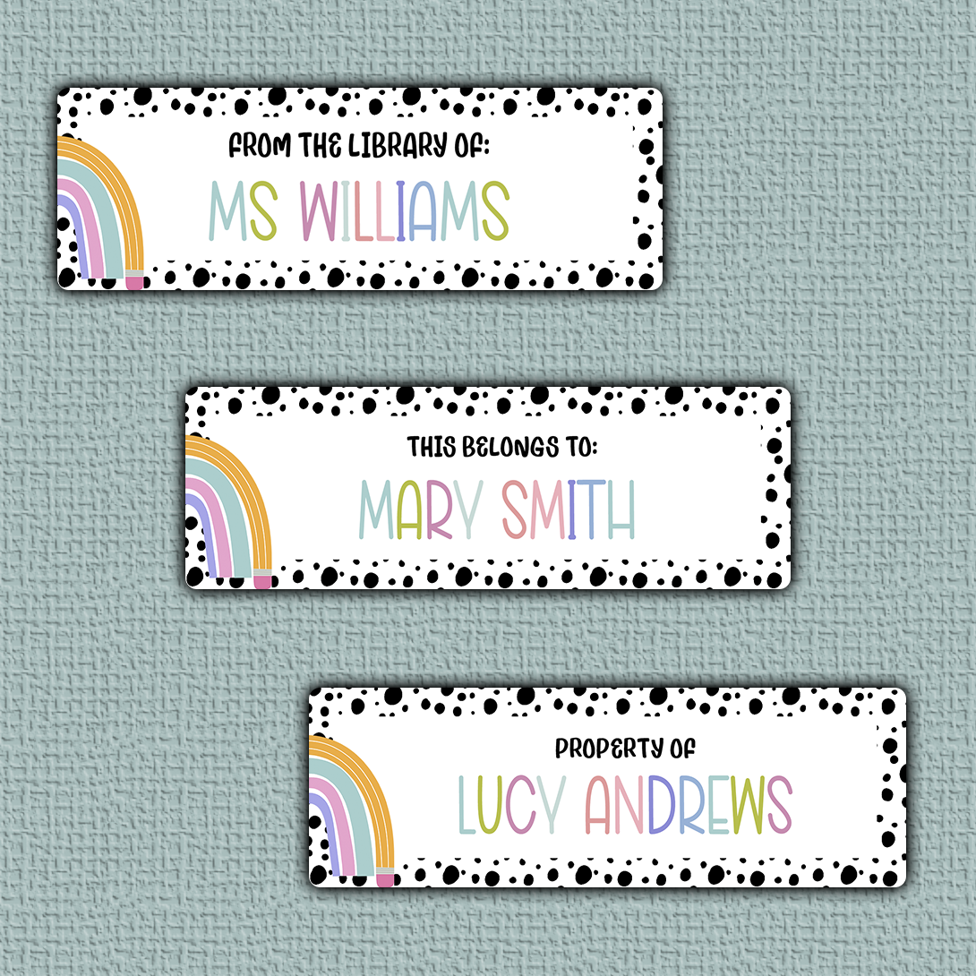 Rainbow Spotted Border Name Stickers - colorful rainbow colored print surrounded by dotten border and teacher themed rainbow on the side.