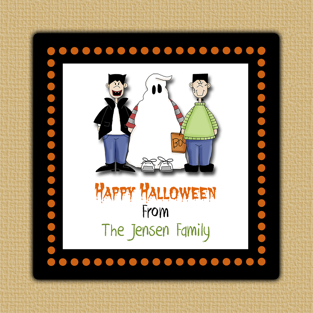 Little Monster Trio Halloween Square Sticker - Boys trick or treating as a vampire, ghost and Frankenstein on a white sticker with a black and orange dotted border