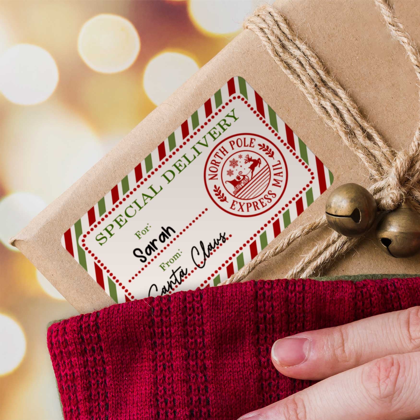 Personalized Special Deliver From Santa Stickers on brown package in Christmas stocking