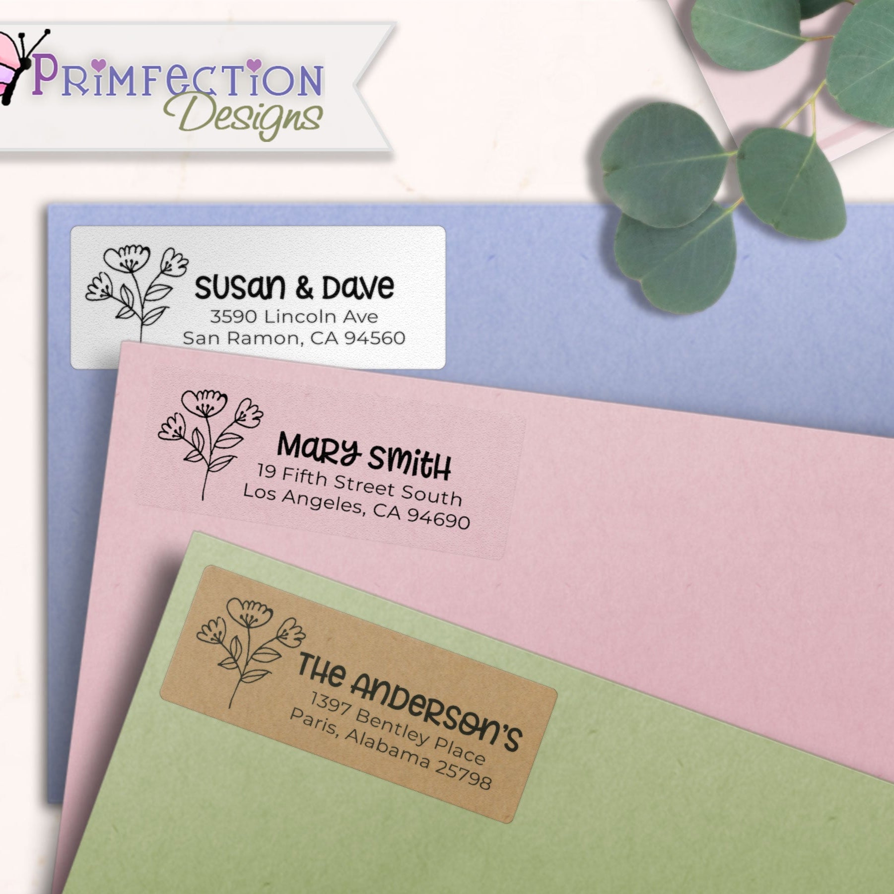Rustic Line Art Flowers Return Address Labels on envelopes