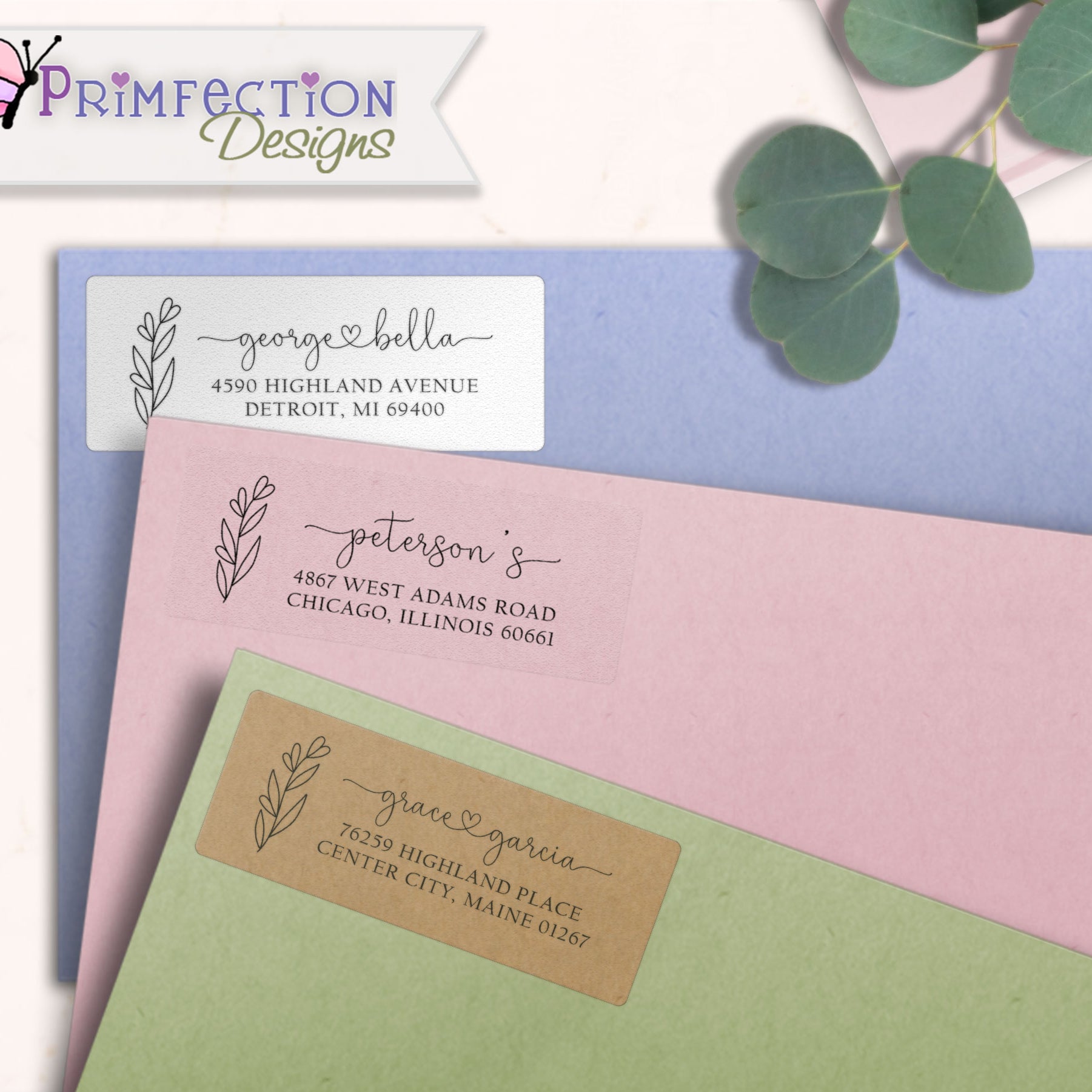 Heart Line Art Flower Return Address Labels on Evelopes