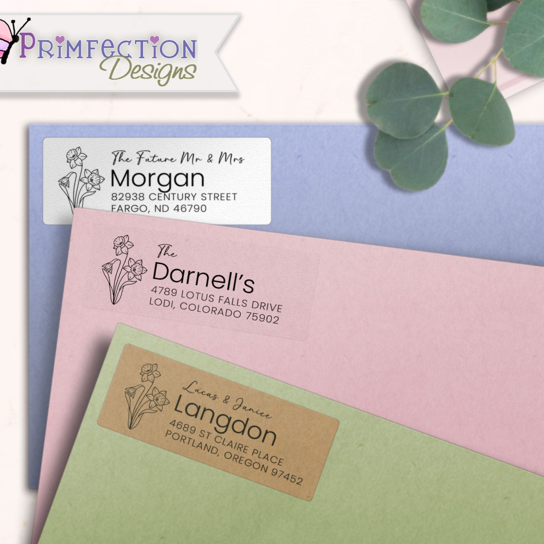 Daffodils Line Art Return Address Labels on envelopes