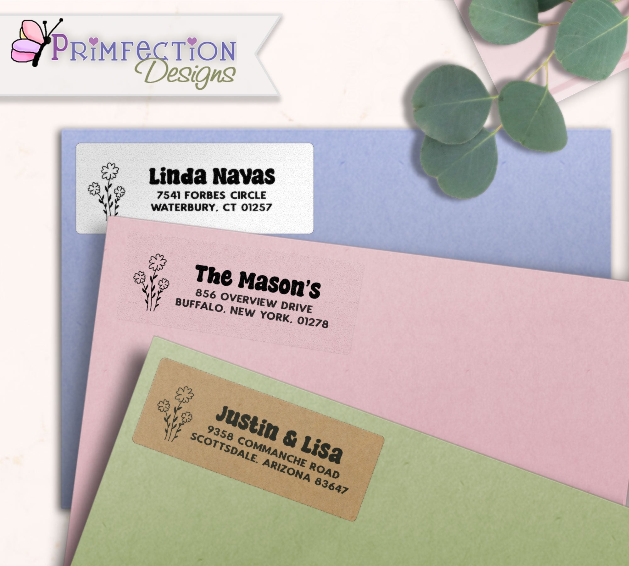 Simple Line Art Flower Return Address Labels on envelopes