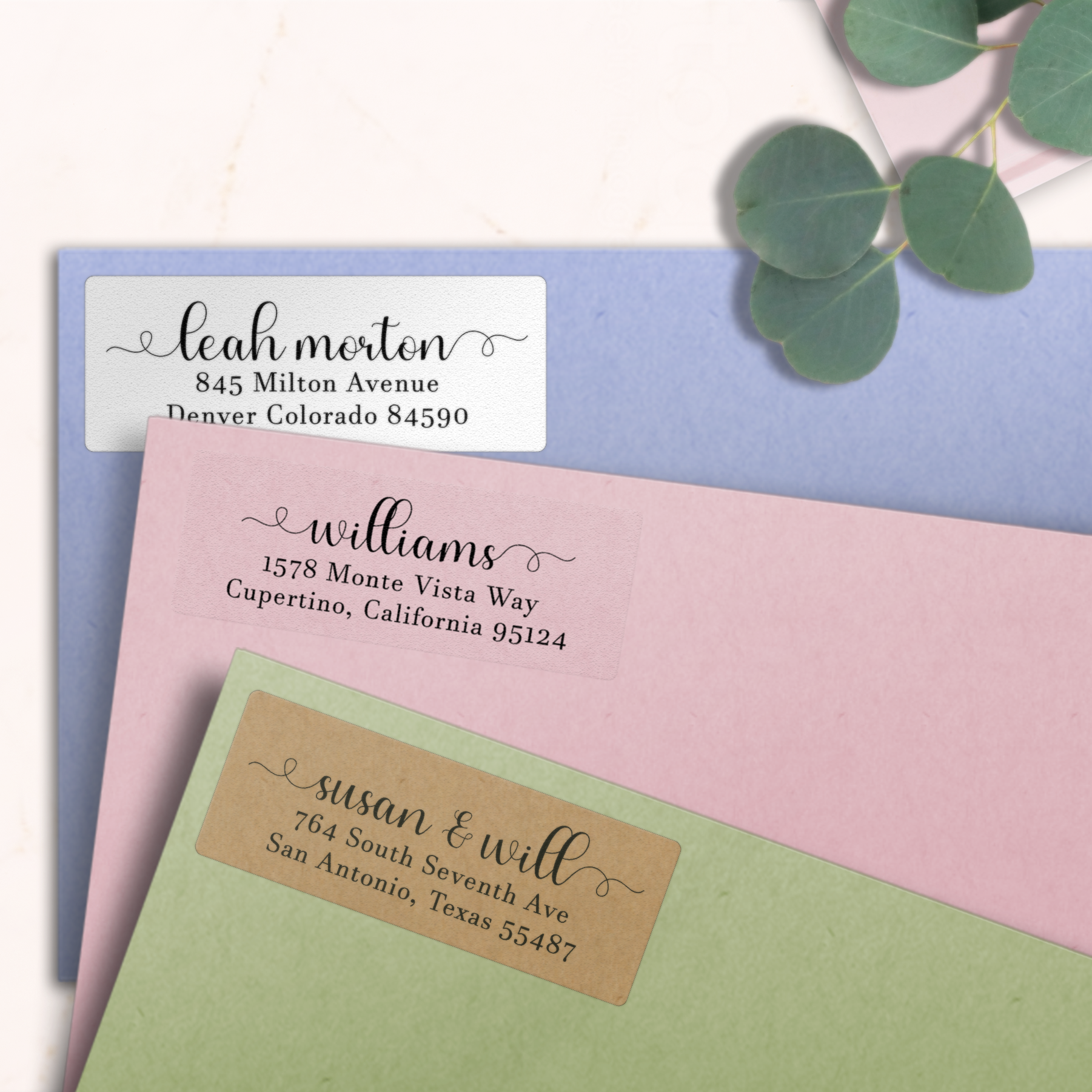 Bold Flourish Script Return Address Labels on Evelopes