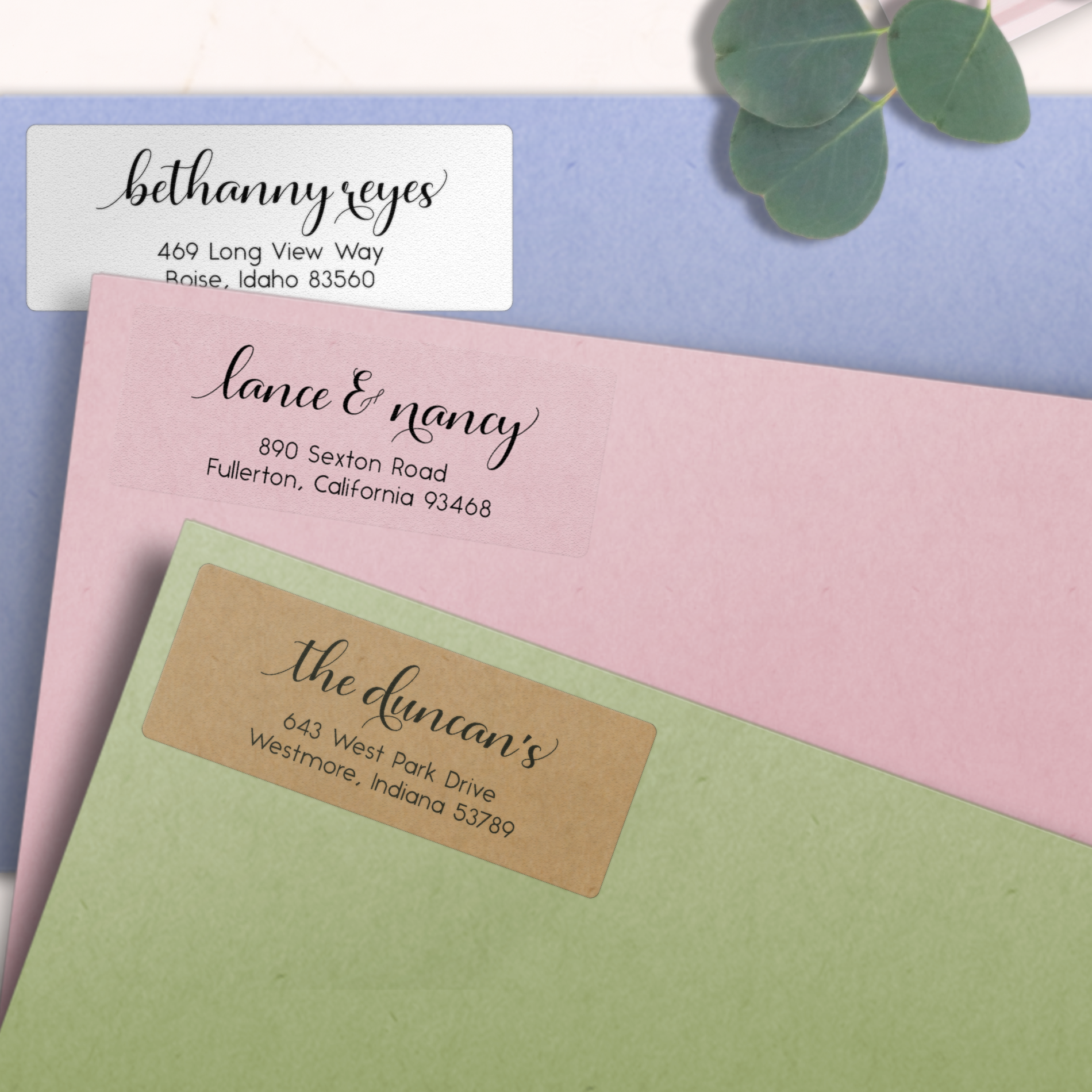 Modern Feminine Script Return Address Labels on Evelopes