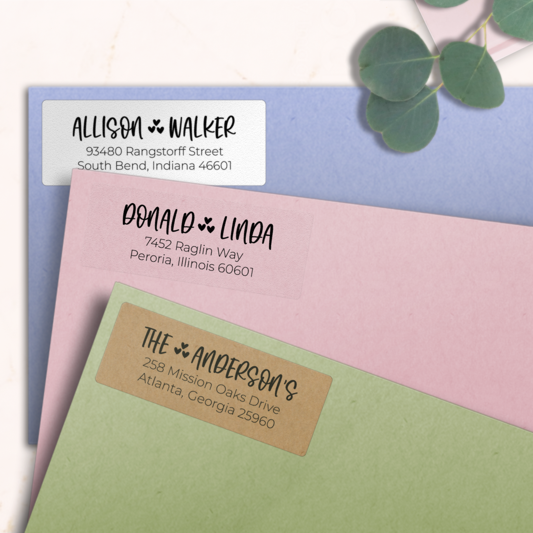 Whimsical Hearts Accent Return Address Labels on Evelopes
