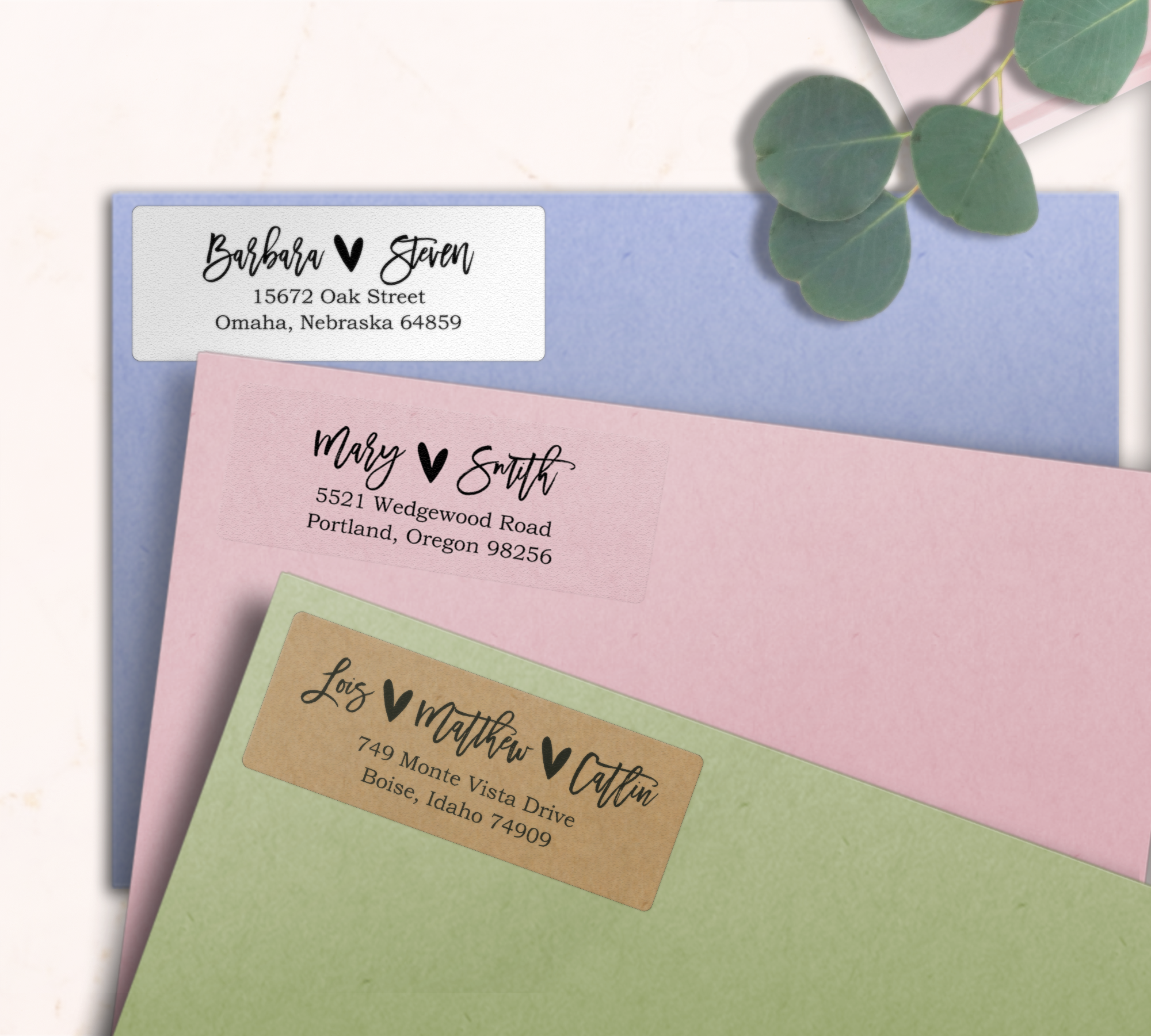 Brush Script Heart Return Address Labels on Evelopes