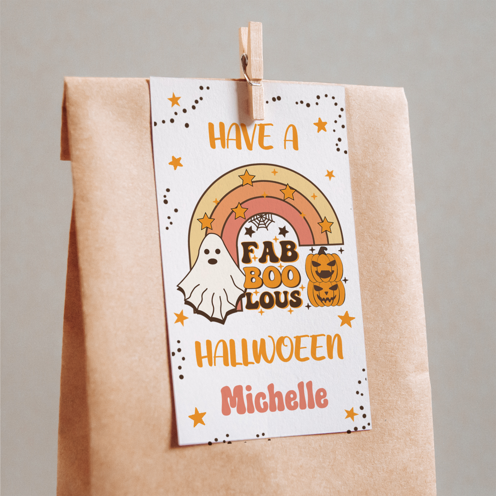 Fab-BOO-lous Halloween Hang Tag with square corners on brown paper bag