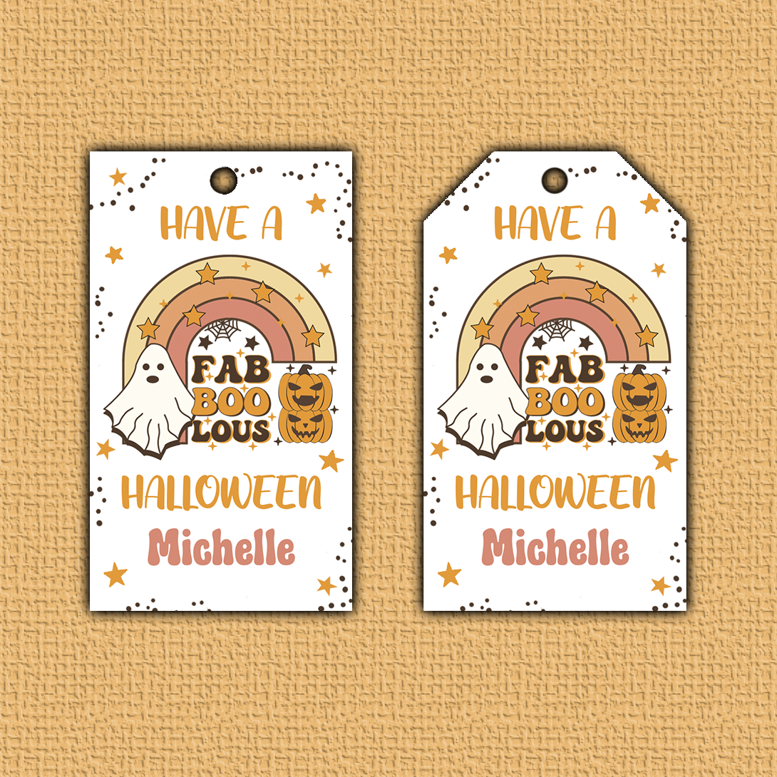 Fab-BOO-lous Halloween Hang Taga - two tags, one with square corner and the other with angled, with the words Fab-BOO-lous in the forground, ghost and rainbow in background
