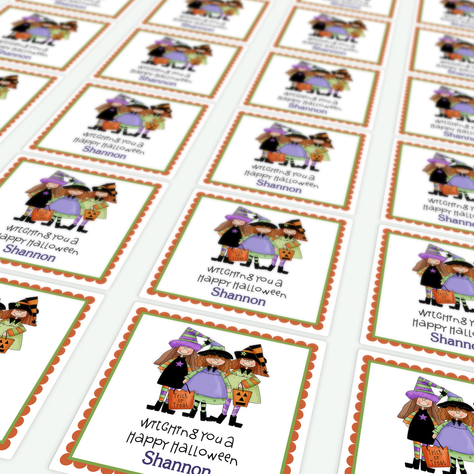 Sheet of Little Witch Trio Halloween Square Stickers