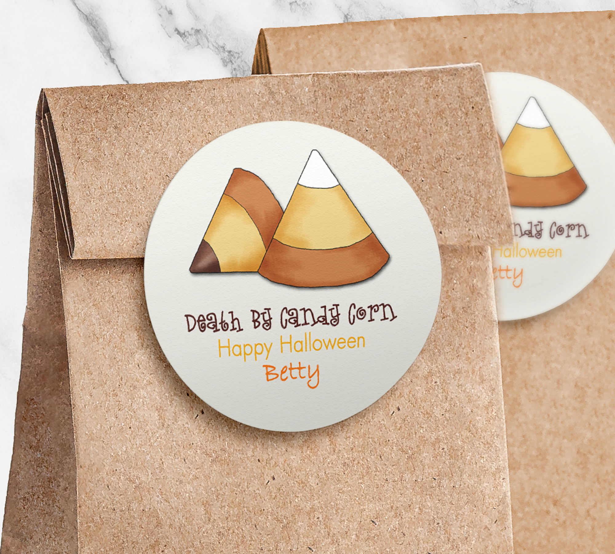 Candy Corn Sticker on brown paper bag