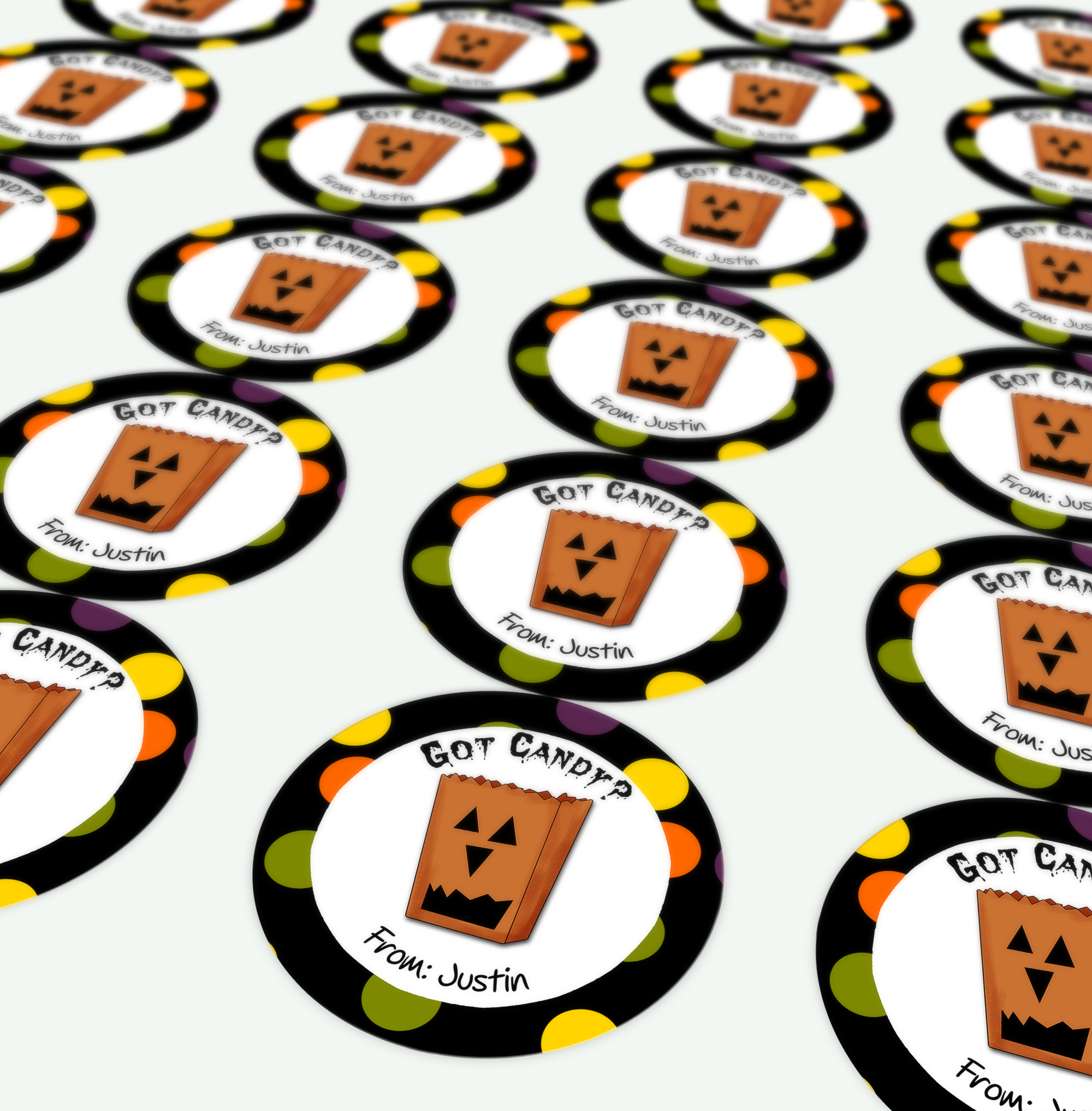 Sheet of round candy bag stickers