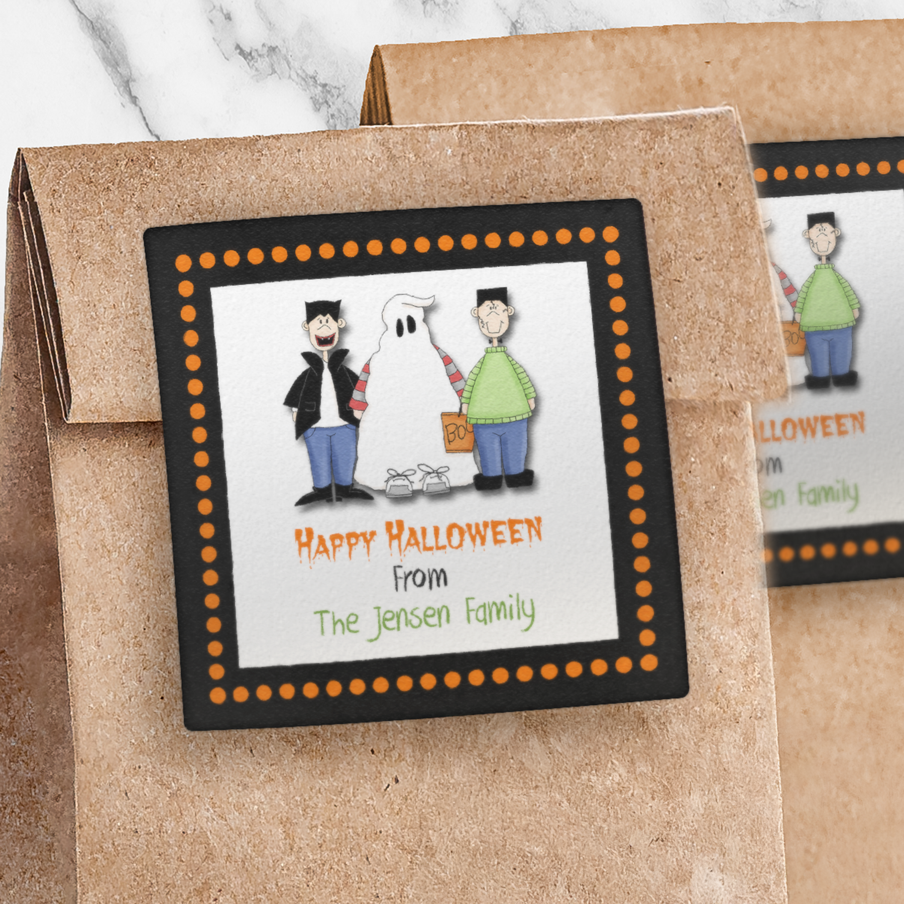 Little Monster Trio Halloween Square Sticker on brown paper bag