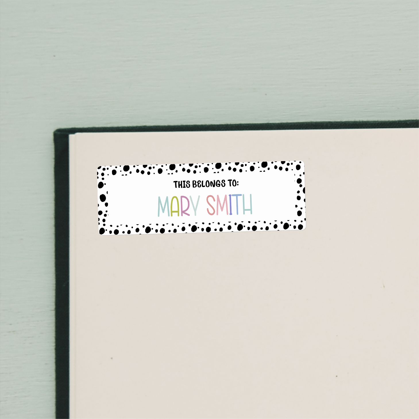 Spotted Border Name Stickers on beige inside cover of book