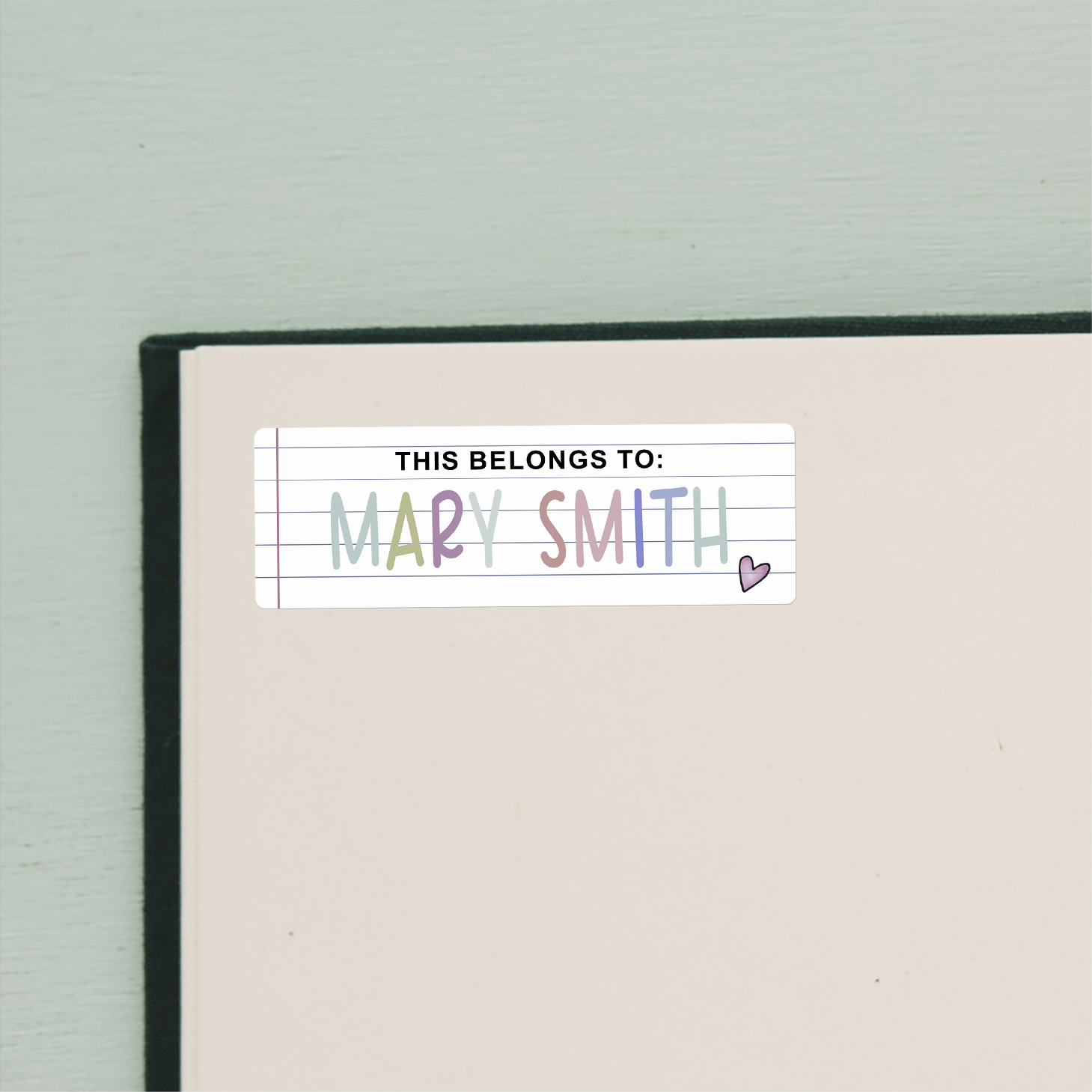 Lined Paper Name Stickers on beige inside cover of book