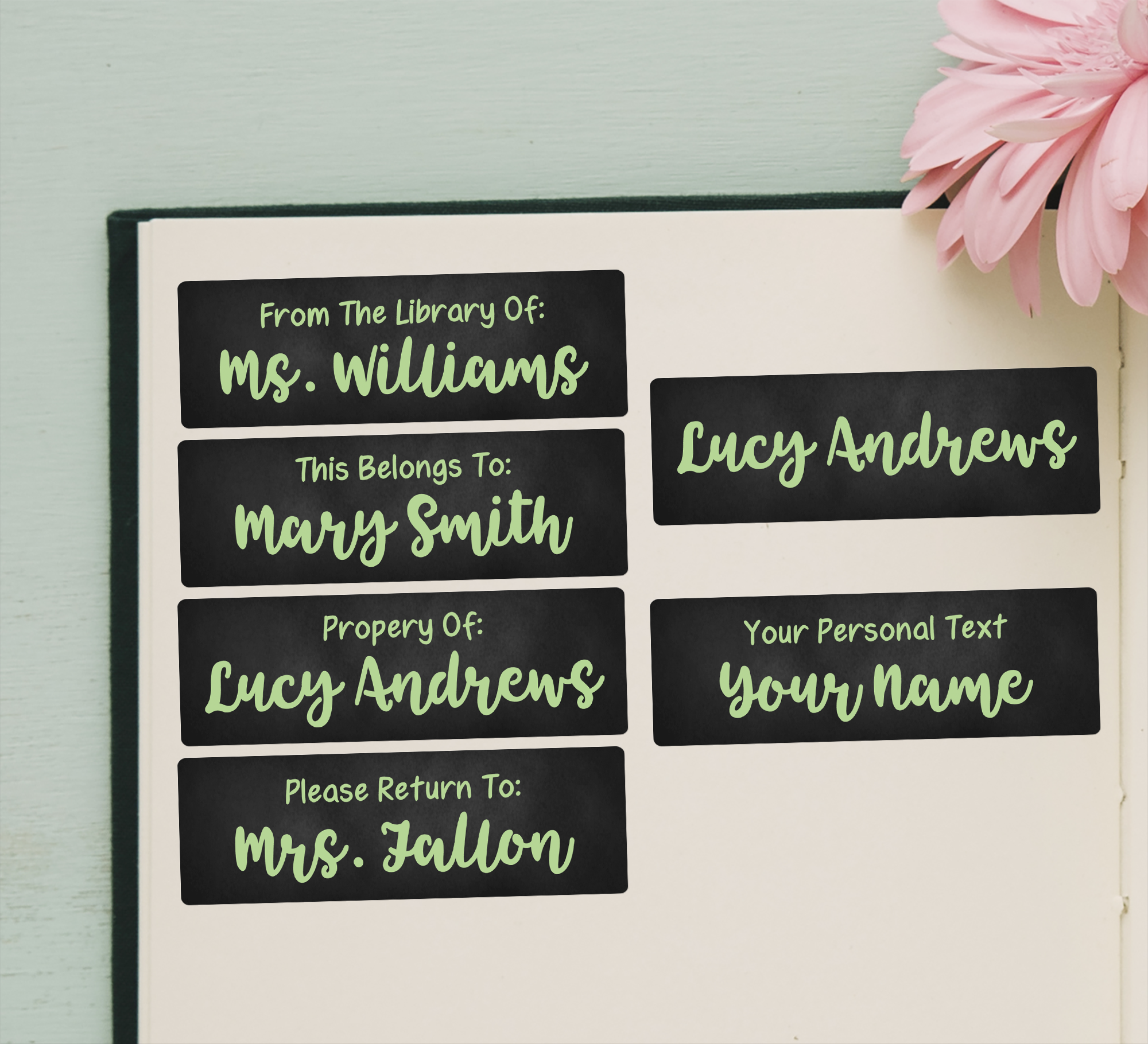 Green Chalkboard Name Stickers - examples of each option