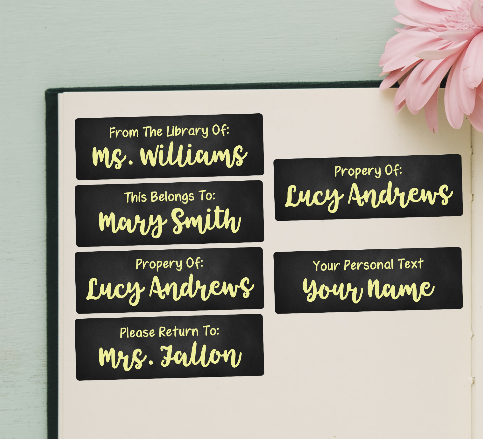 Yellow Chalkboard Name Stickers - examples of each option