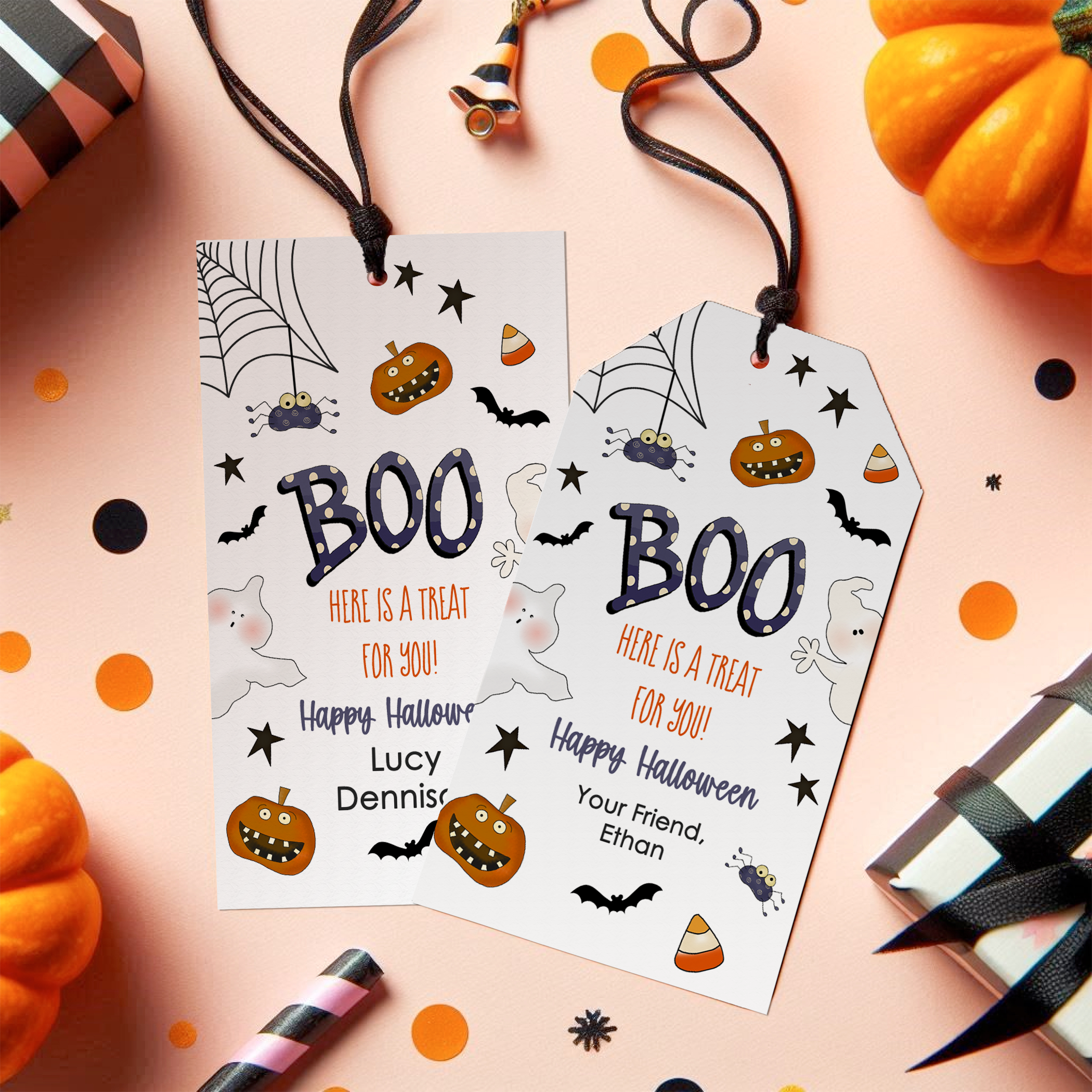 Bat Halloween Hang Tag, angled and square, on Halloween backdrop