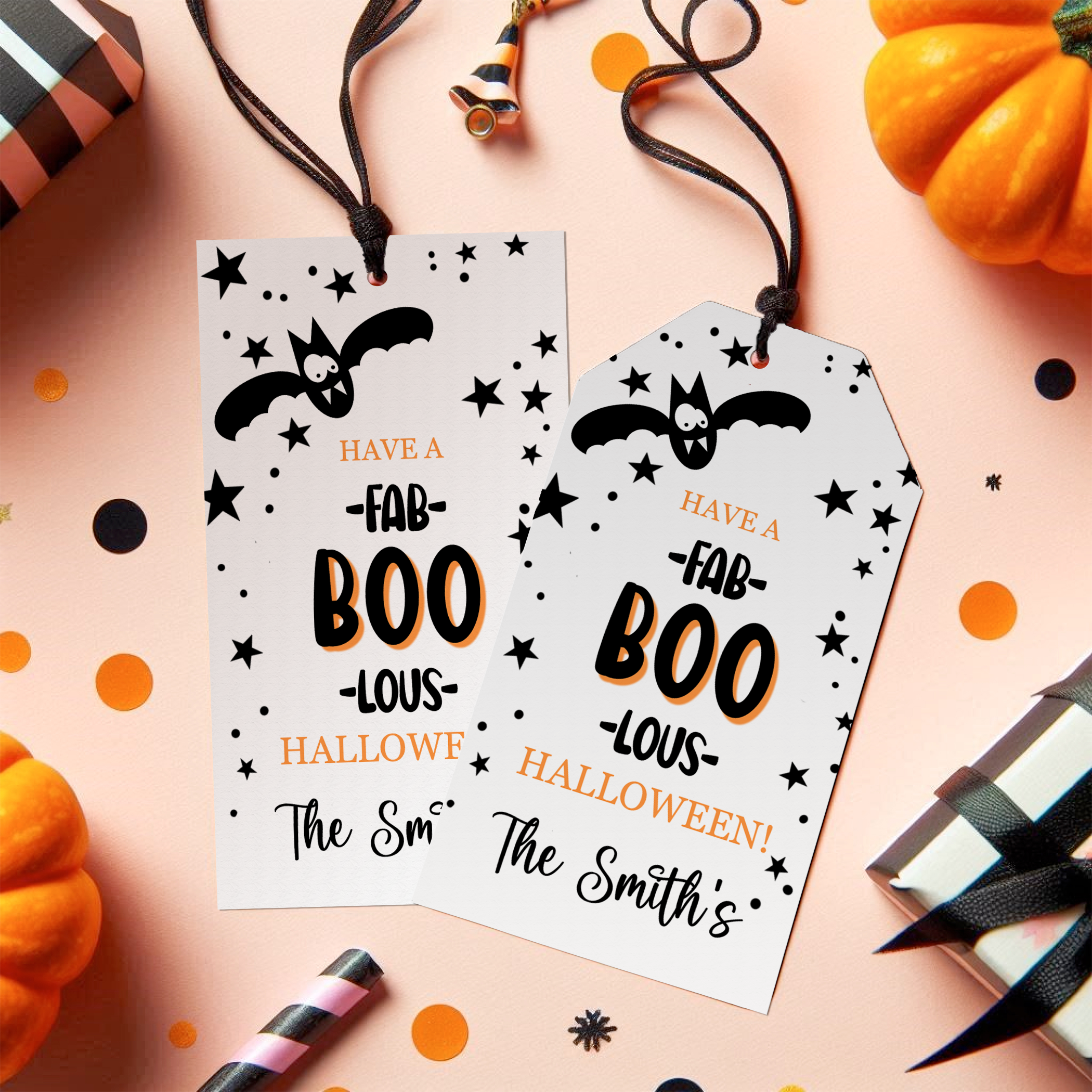 Halloween gift tags with personalized text on a festive background with pumpkins and ribbons.