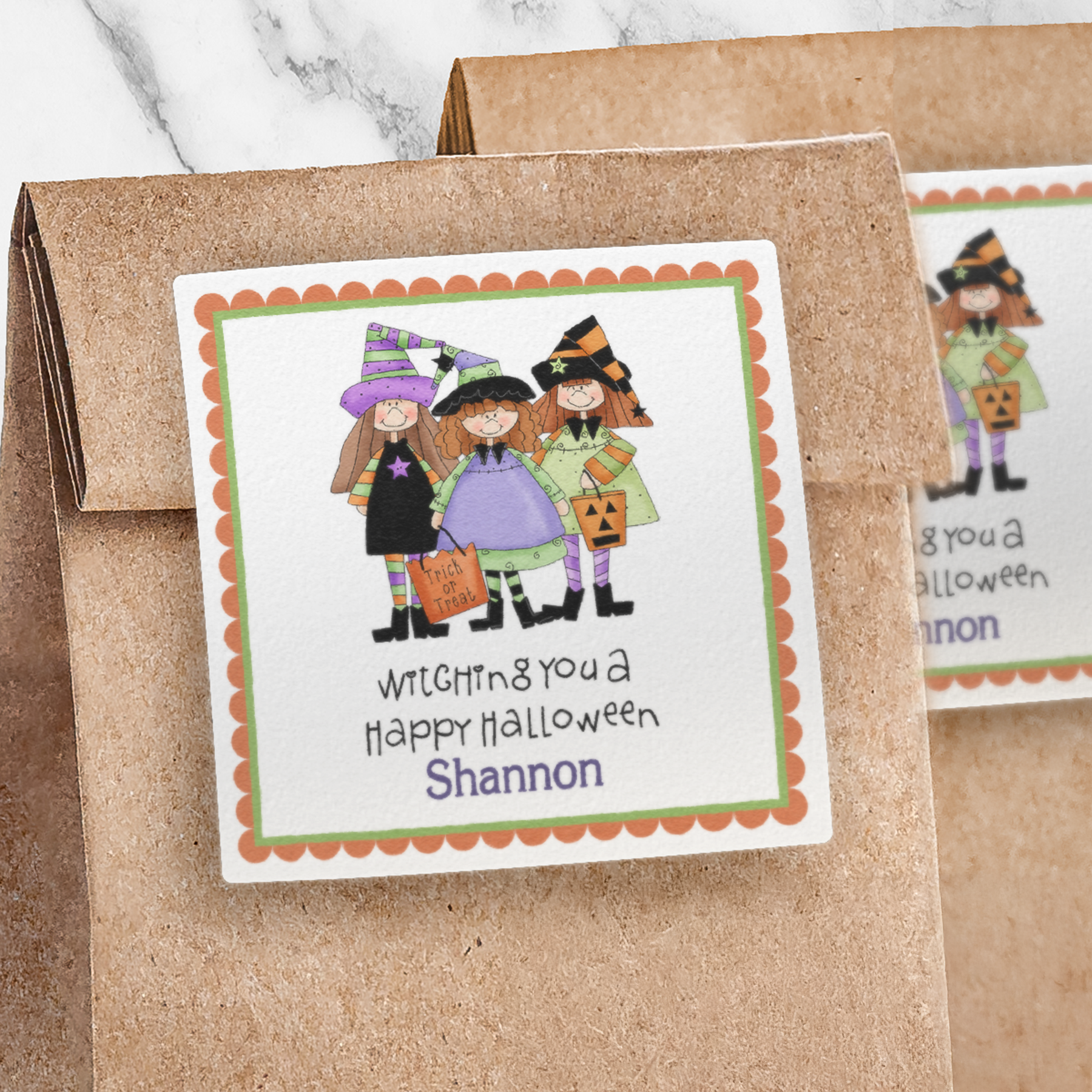 Little Witch Trio Halloween Square Sticker on brown paper bag