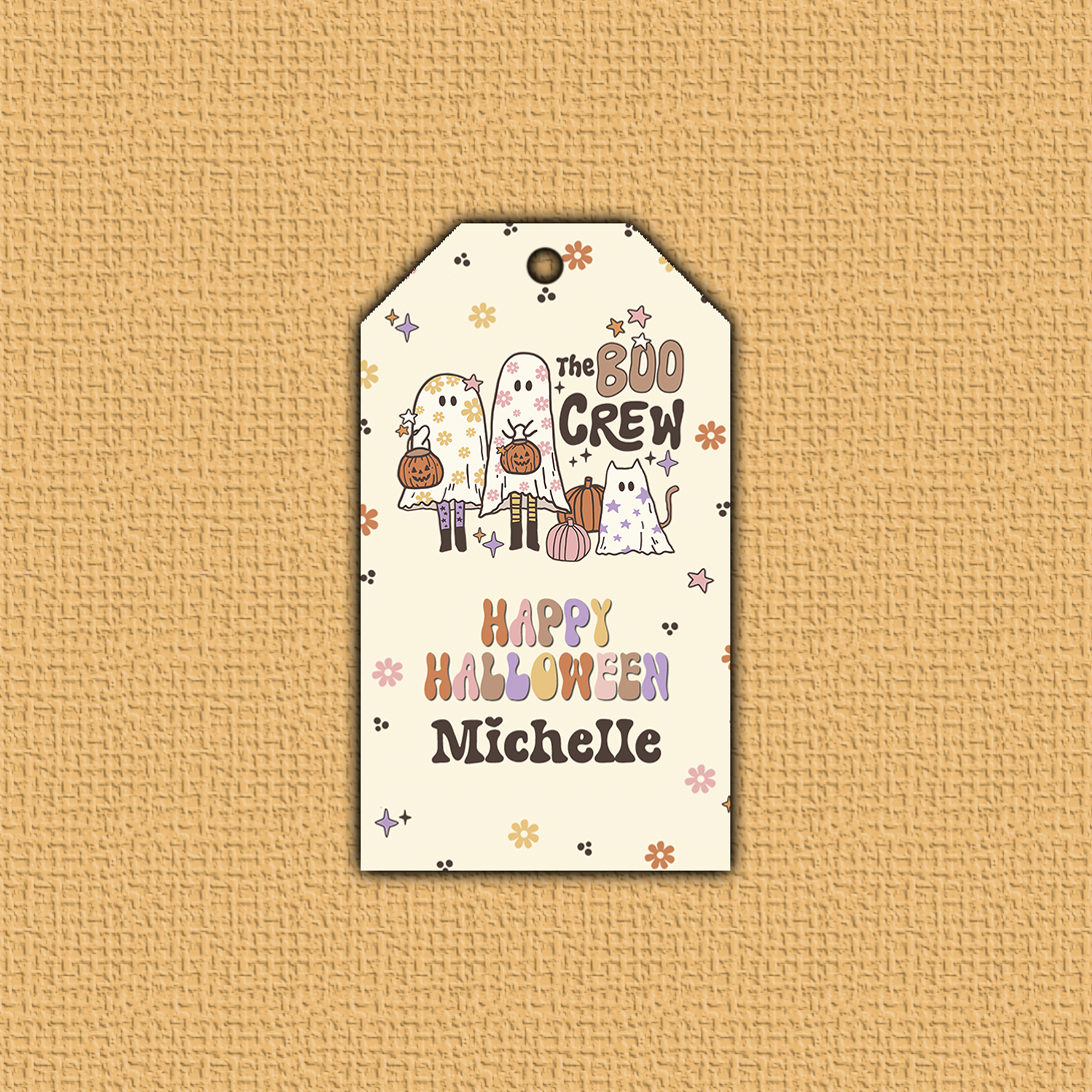 Halloween-themed tag with cartoon ghosts and pumpkins on a beige background