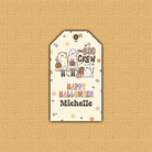 Halloween-themed tag with cartoon ghosts and pumpkins on a beige background