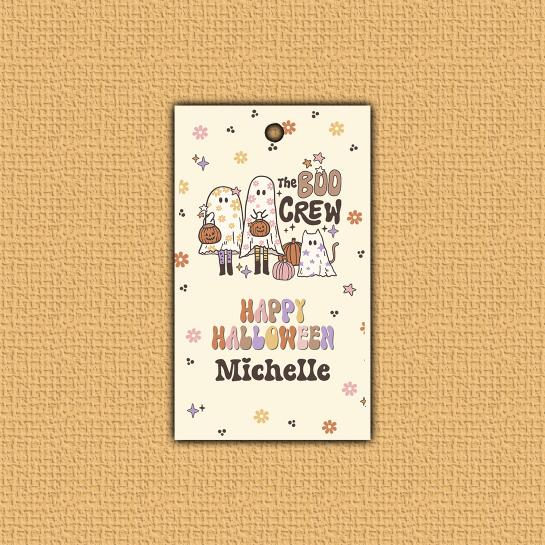 Halloween-themed greeting card with cartoon ghosts and pumpkins on a beige background