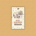 Halloween-themed greeting card with cartoon ghosts and pumpkins on a beige background