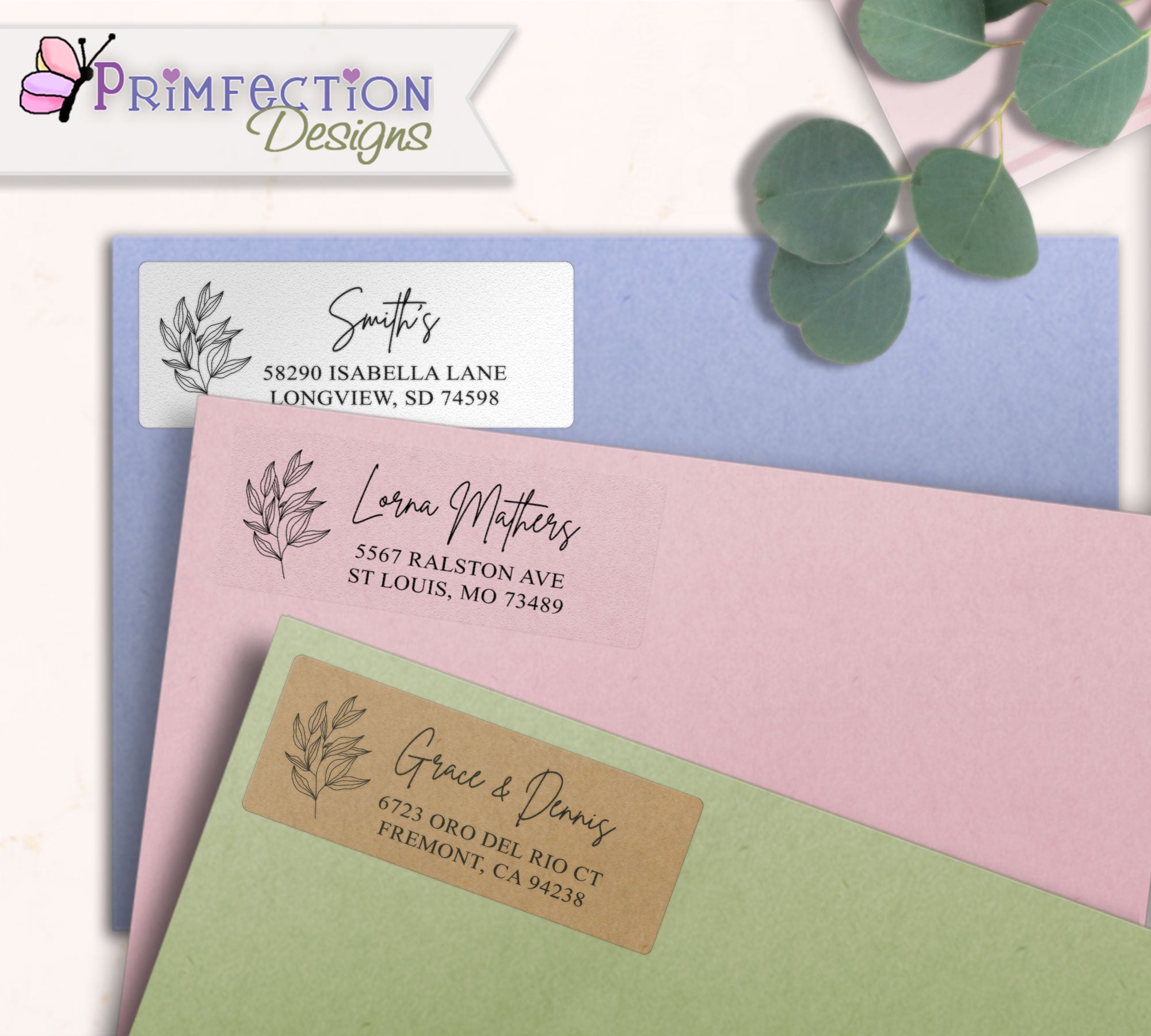 Olive Leaves Line Art Return Address Labels on envelopes