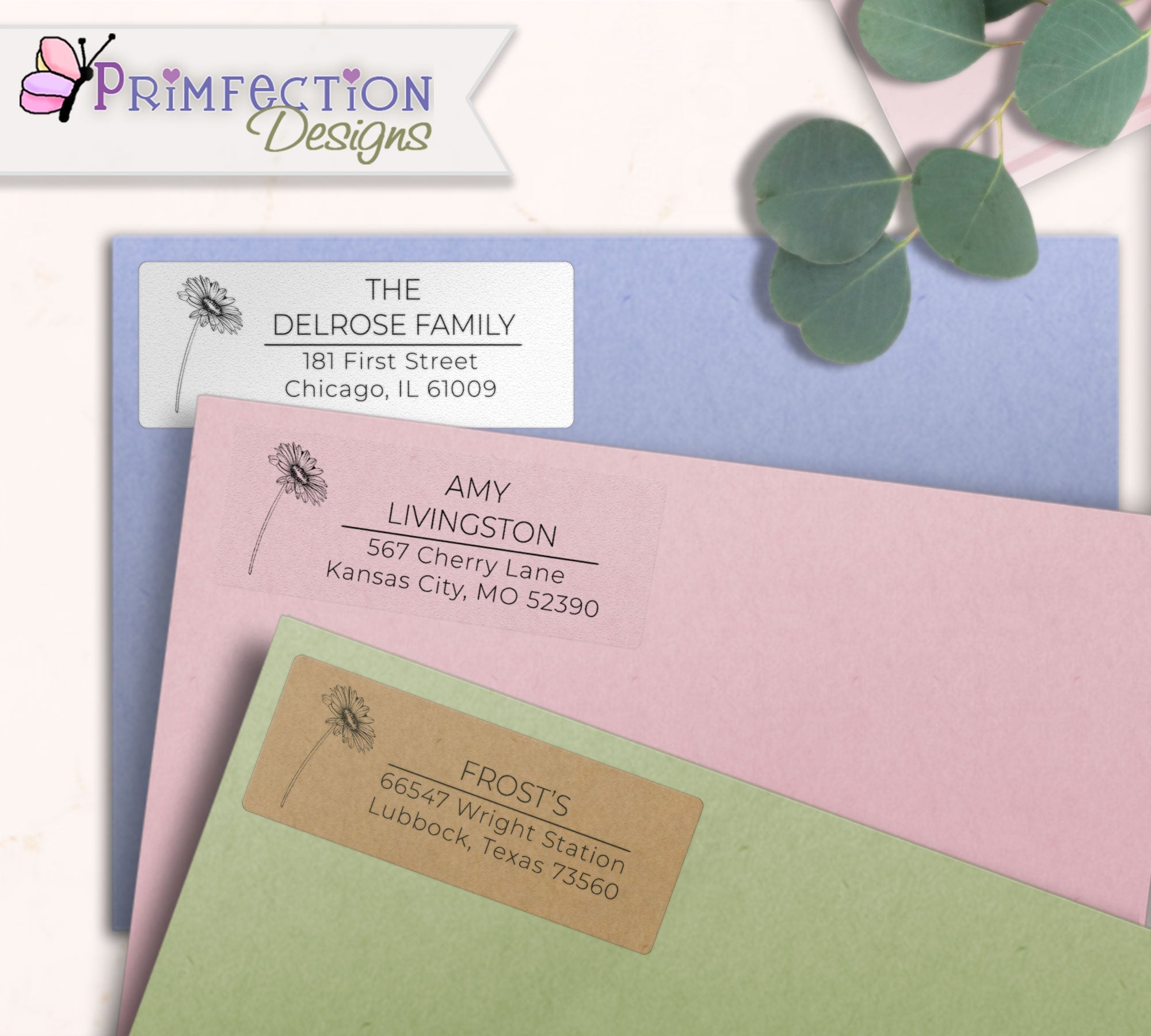 Gerber Daisy Line Art Return Address Labels on envelopes