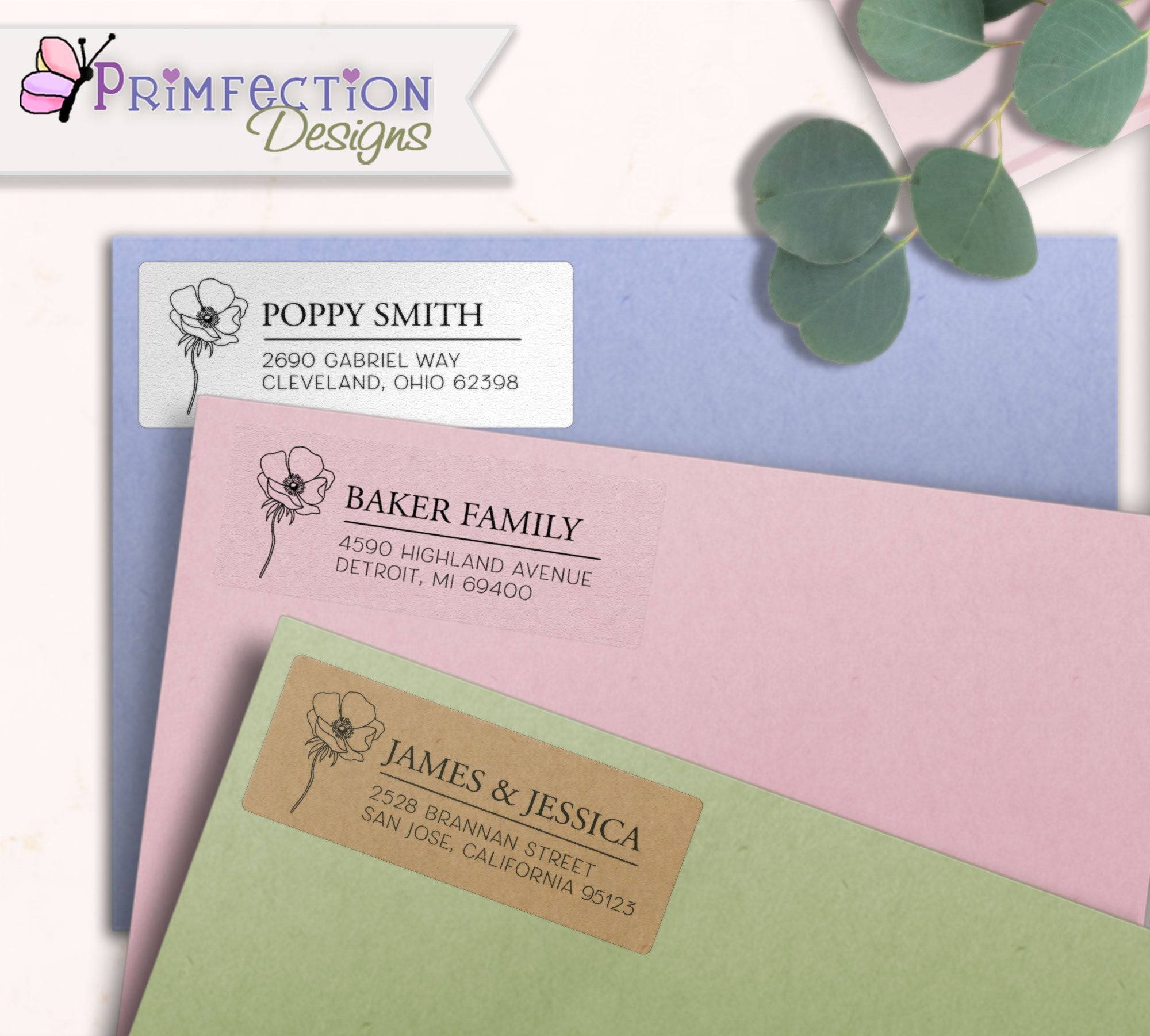 Poppy Line Art Return Address Labels on envelopes