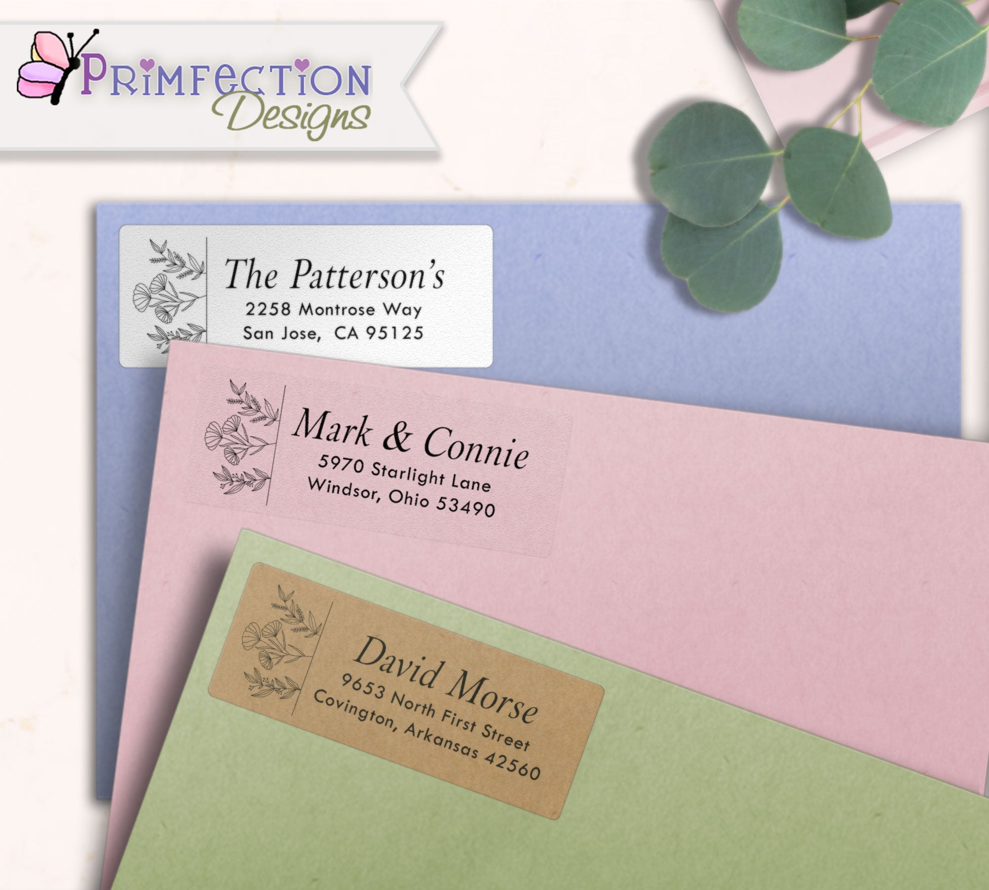 Wildflowers Line Art Return Address Labels on envelopes