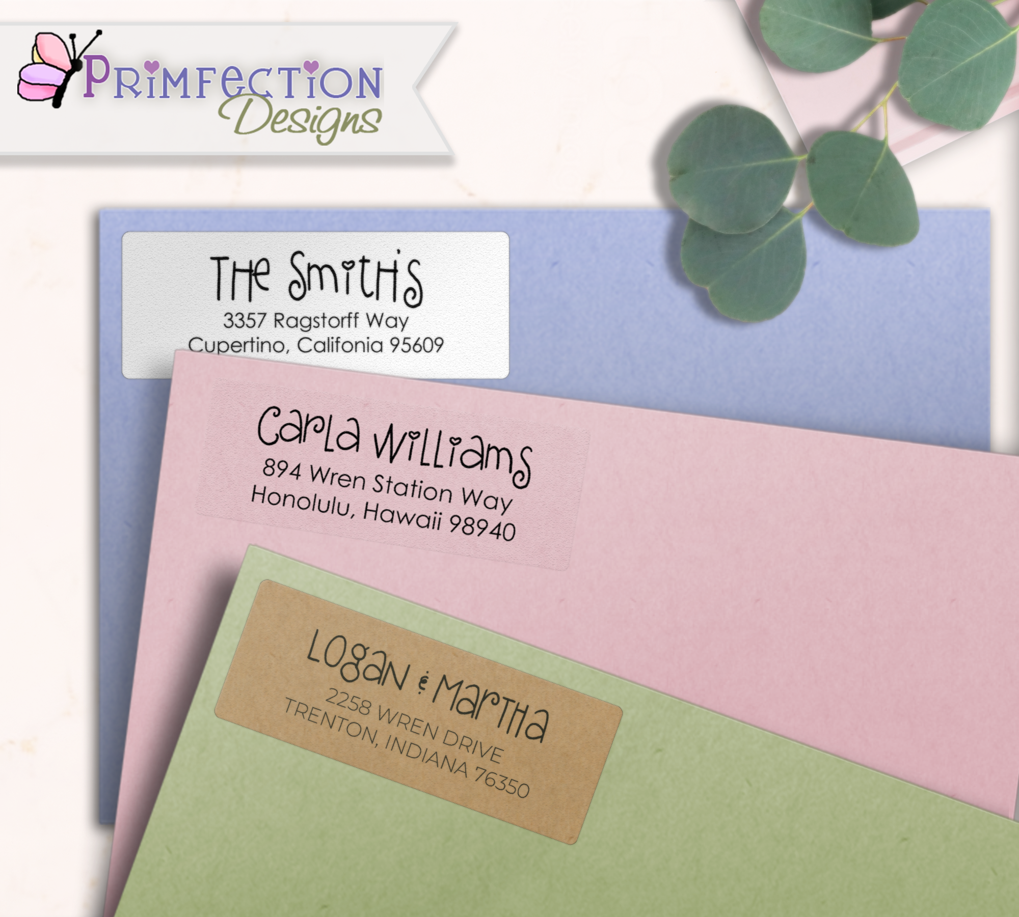 Whimsical Script Return Address Labels on Evelopes