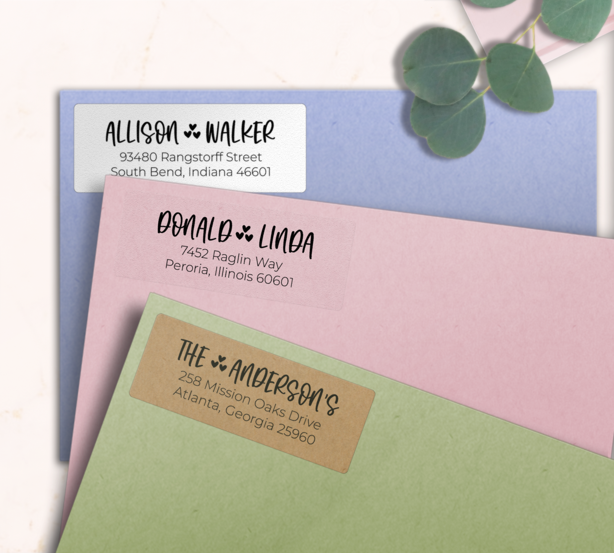 Whimsical Hearts Accent Return Address Labels on Evelopes