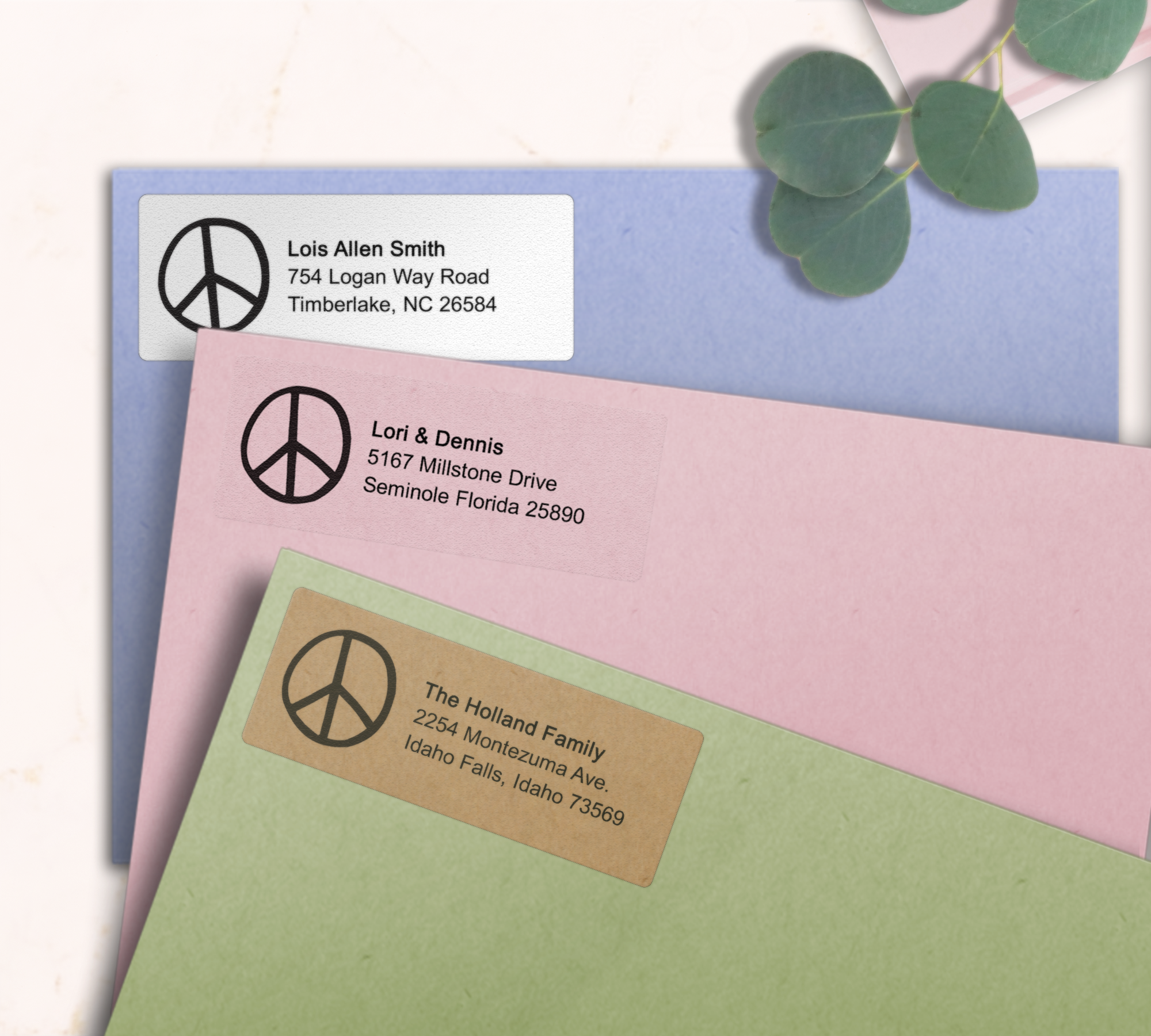Simple Peace Sign Return Address Labels on Evelopes