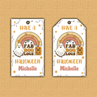 Fab-BOO-lous Halloween Hang Taga - two tags, one with square corner and the other with angled, with the words Fab-BOO-lous in the forground, ghost and rainbow in background